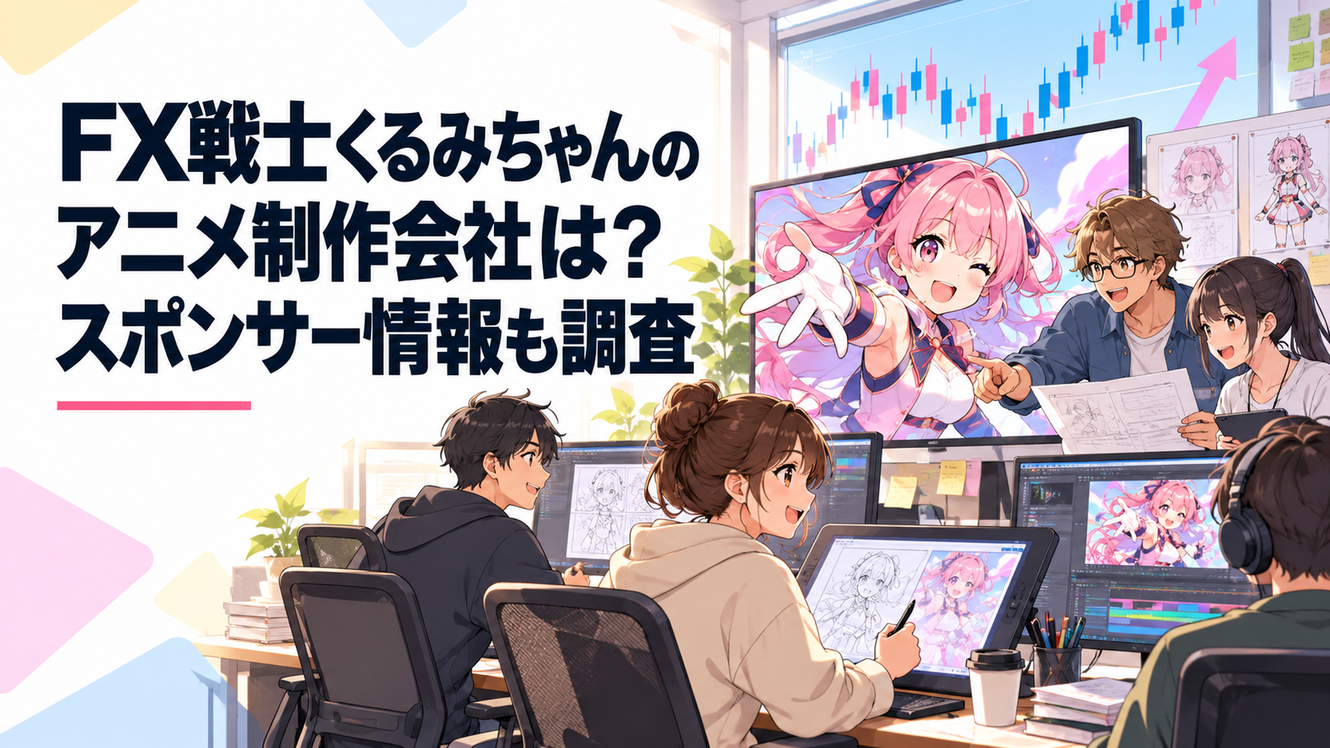 為替チャートを背景にFX戦士くるみちゃんのアニメ制作を進めるスタジオスタッフ