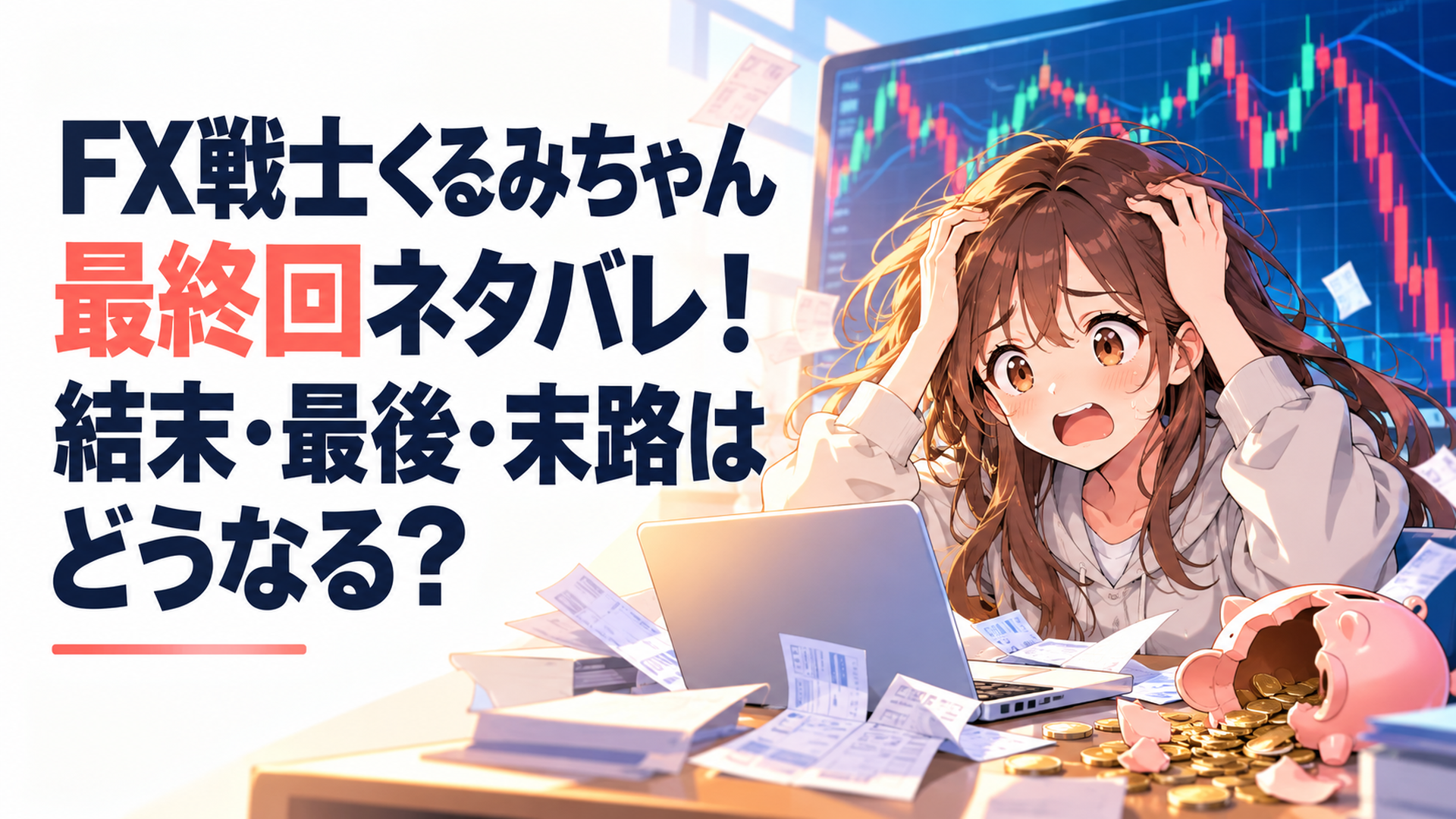 巨額損失と自己破産を経験した福賀くるみをイメージした大学生の少女と激しく乱高下する為替チャート