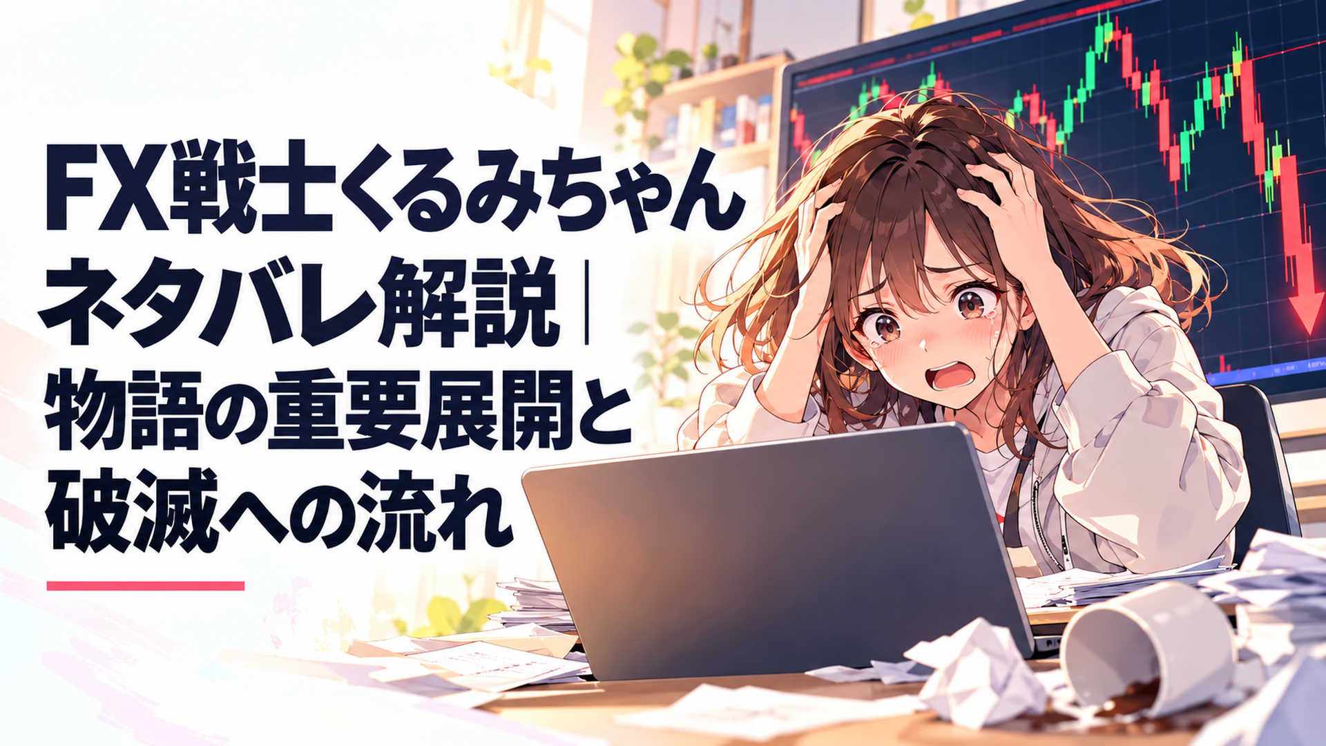 激しく上下する為替チャートを前に巨額損失と向き合う大学生の少女