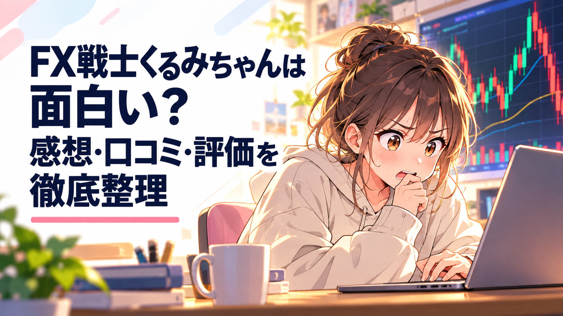 激しく上下する為替チャートを前に緊張しながら取引画面を見つめる大学生の少女
