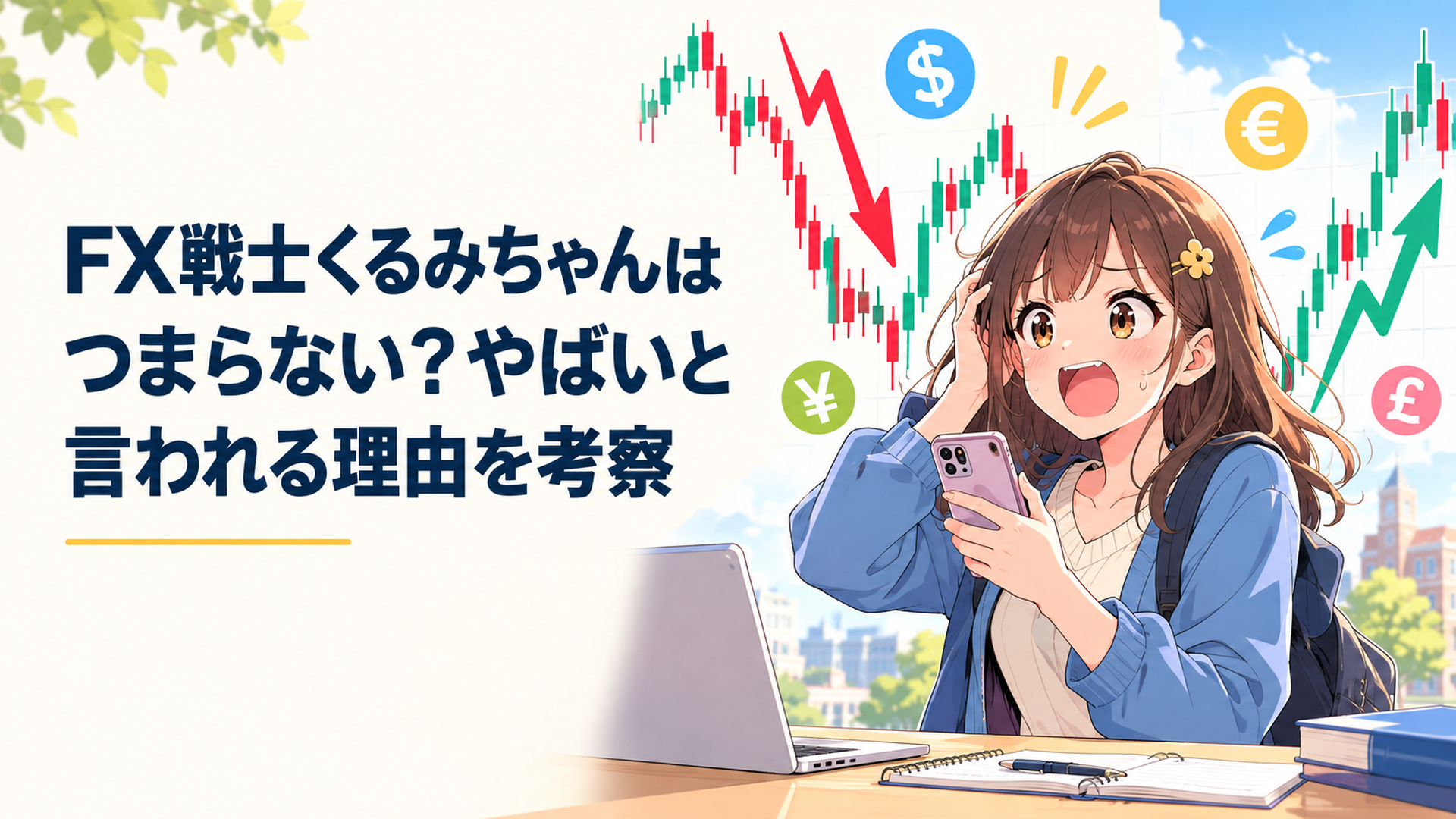 かわいい女子大学生と激しく乱高下する為替チャートの落差を描いたシーン