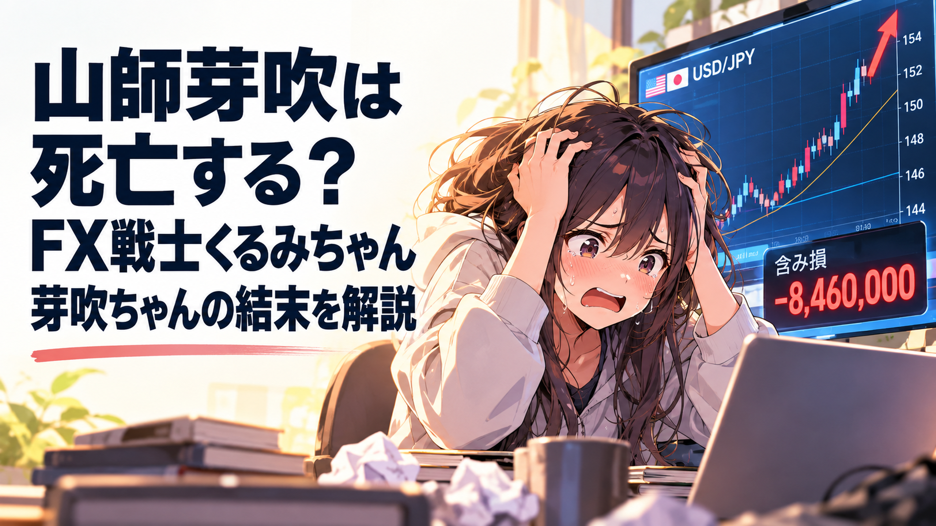 急上昇するドル円チャートと巨額の含み損を前に追い詰められる大学生の少女