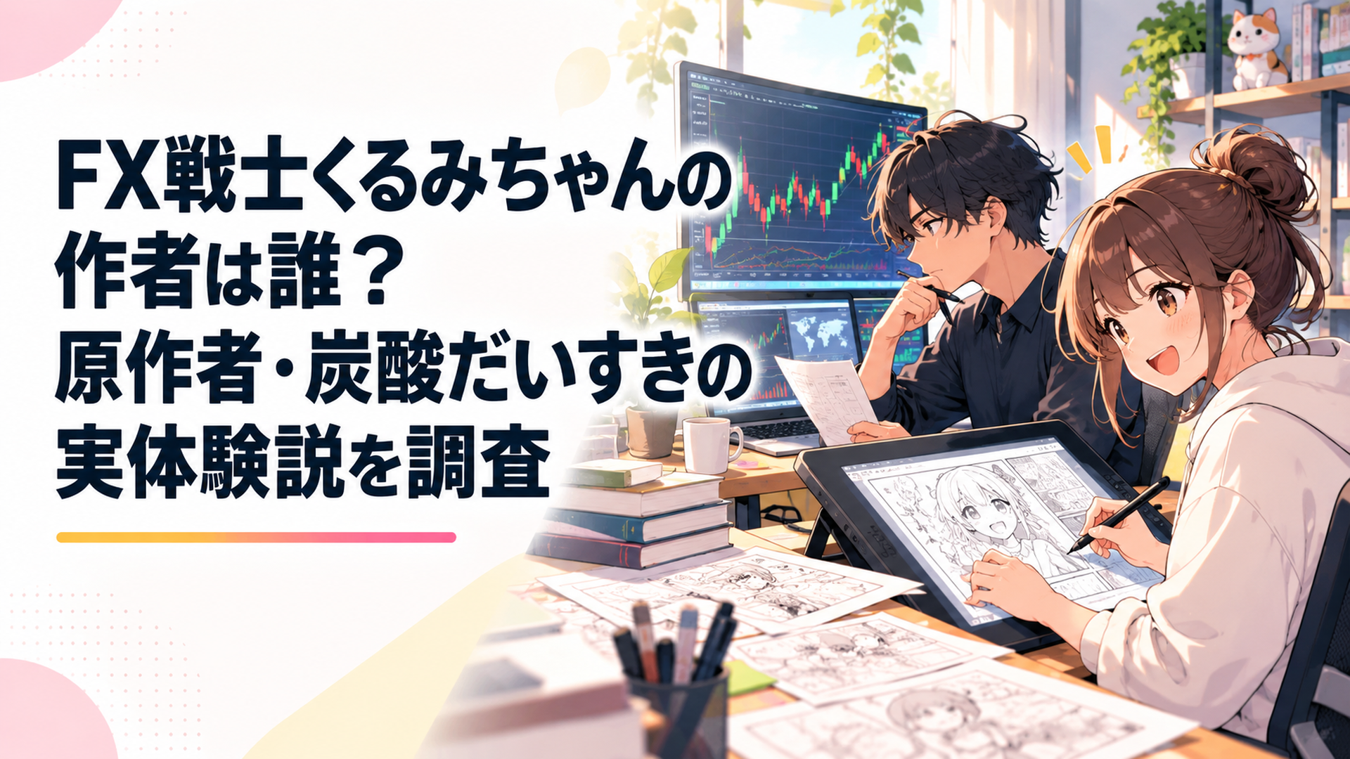 為替チャートの前で漫画制作に向き合う原作者と作画担当を描いたイメージ