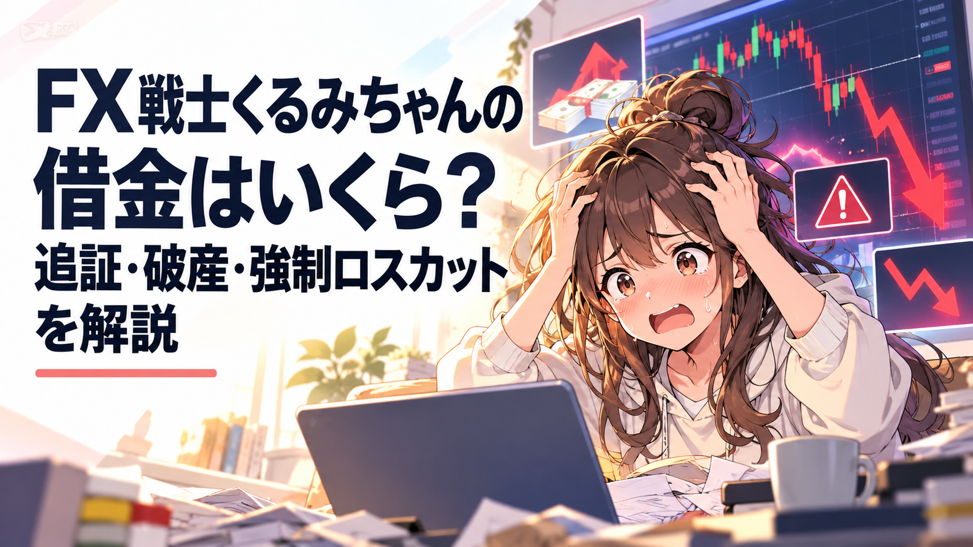 為替チャートと膨らむ含み損を前に追証と強制ロスカットの危機へ追い込まれる大学生の少女