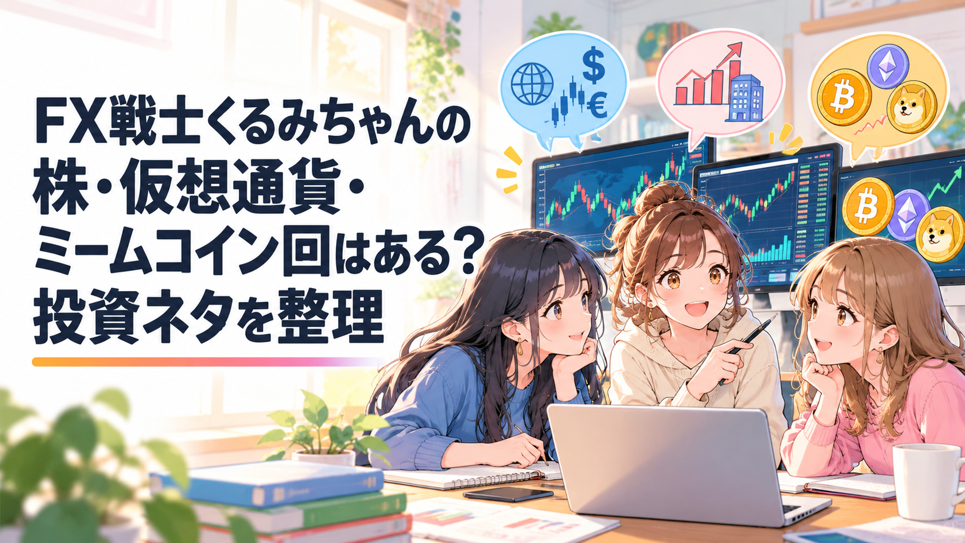 FXチャートと株価画面と仮想通貨コインを見比べながら違いを整理する女子大学生たち