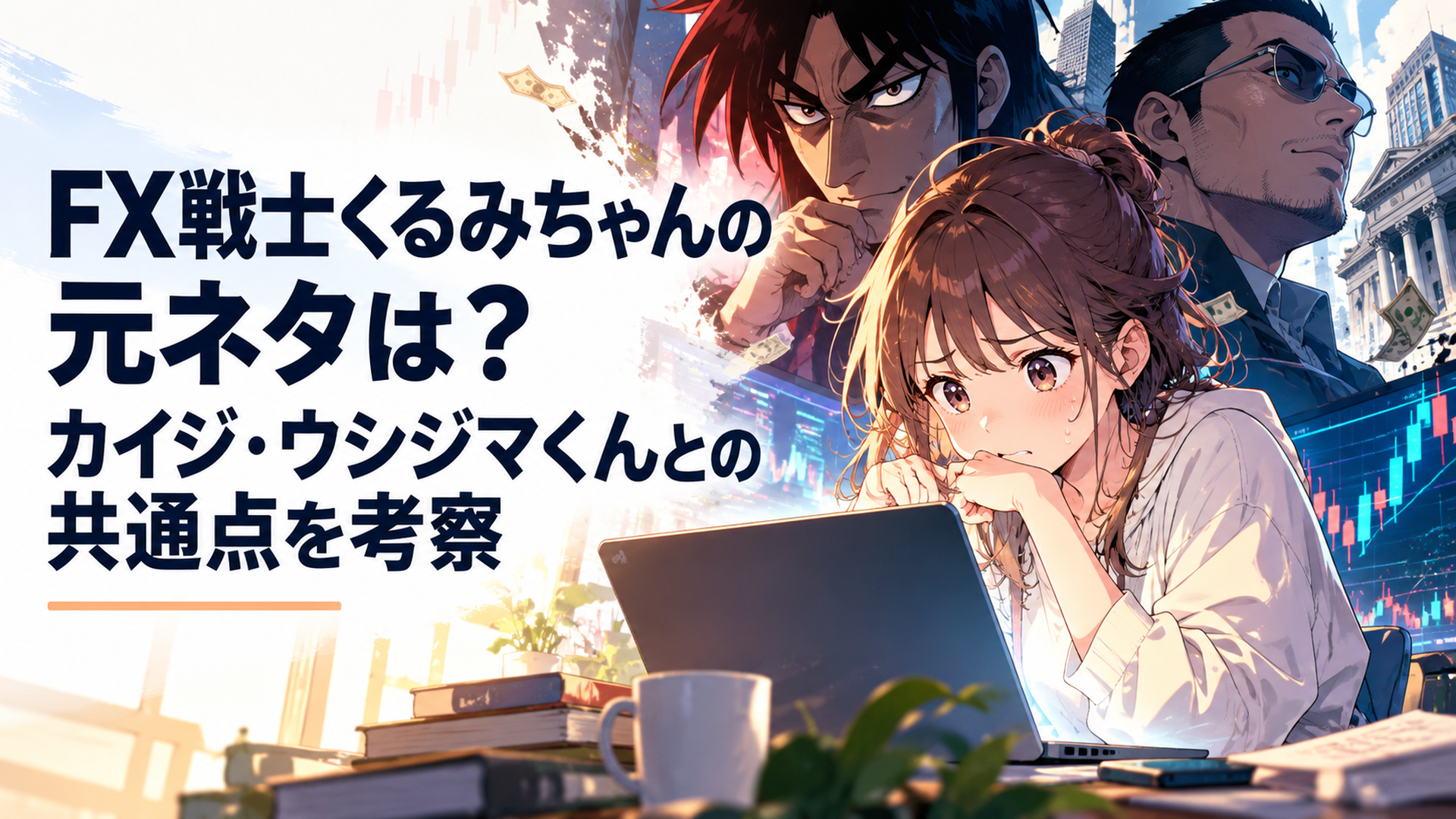 FXチャートを前に緊張する女子大学生と現実の金融市場を重ねた心理サスペンス風の場面
