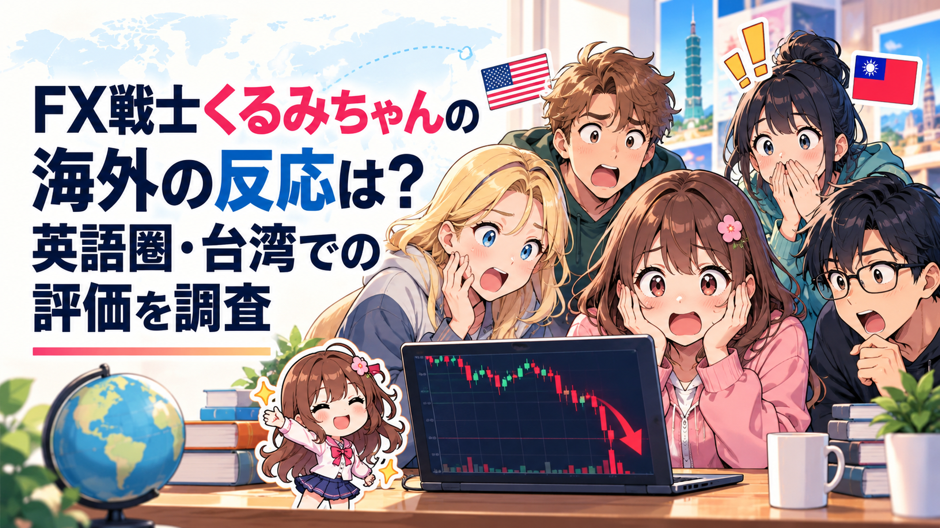 かわいい女子大学生と急落するFXチャートを見ながら驚く英語圏と台湾のアニメファン