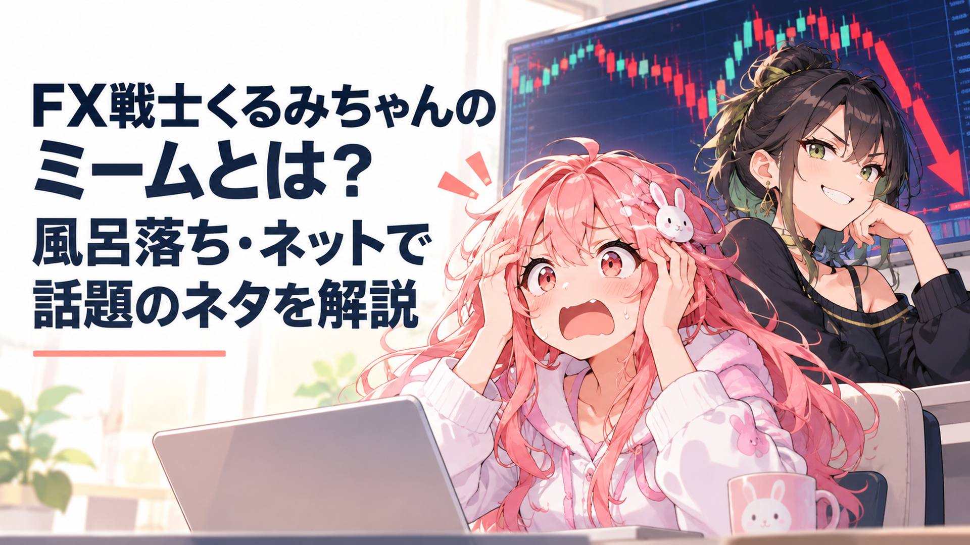 急落するFXチャートを背景に福賀くるみと山師芽吹が対照的な表情を見せる場面