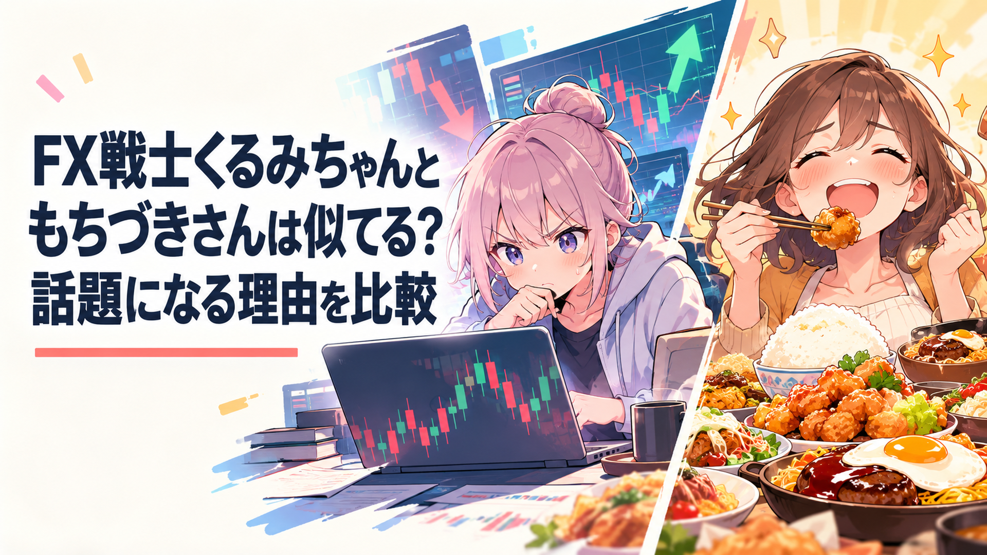 急変するFXチャートに向き合う少女と大量の料理を前に高揚する女性を左右に配置し、似ているようで違う2作品を表現した場面