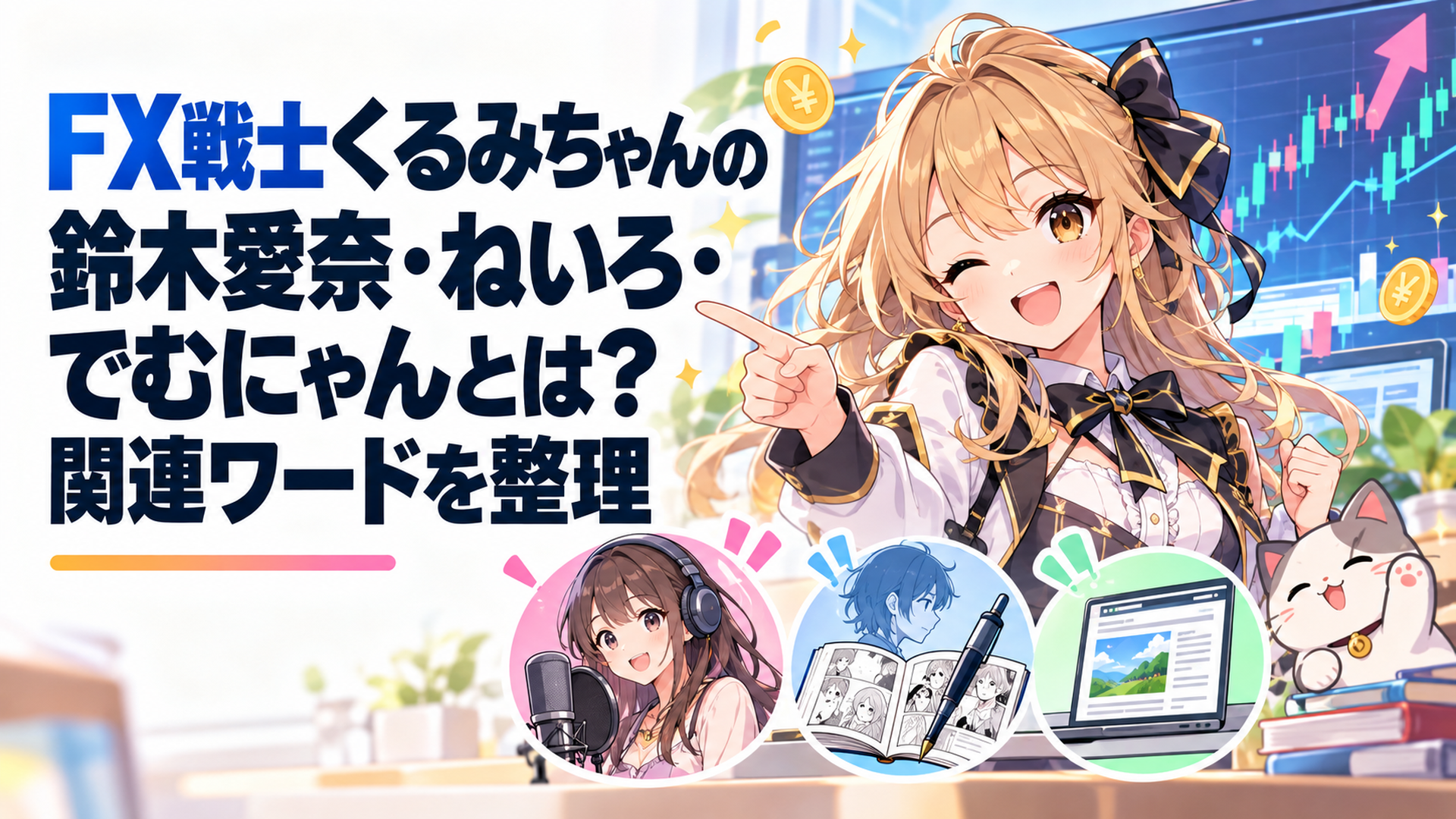 FXチャートを背景に福賀くるみと声優・漫画原作者・ネット記事を象徴するモチーフが並ぶポップな場面