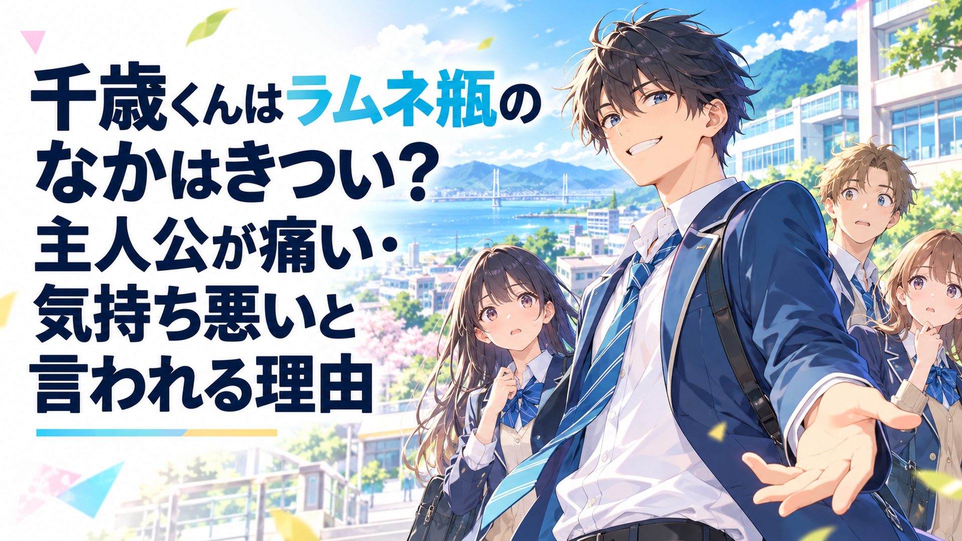 爽やかな福井の高校を背景に自信に満ちた男子高校生と少し戸惑う同世代の若者たちを対比した青春アニメ風シーン
