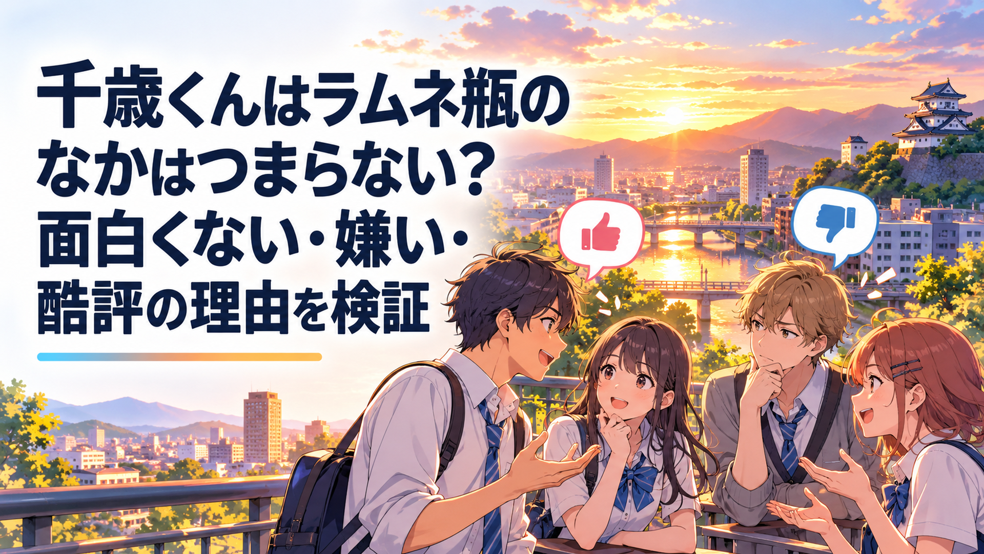 夕暮れの福井の街を背景に賛否が分かれる青春アニメについて語り合う高校生たち