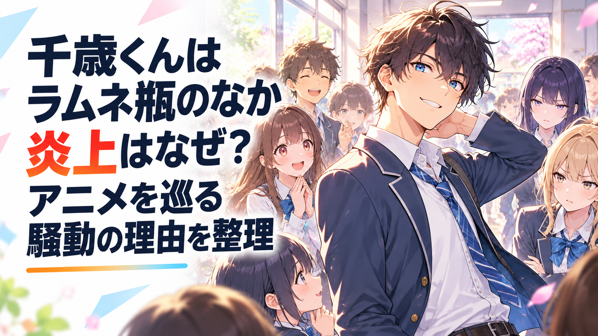 華やかな高校生活の中心に立つ男子高校生と、その言動を好意的・否定的それぞれの表情で見つめるクラスメイトたちの青春アニメ風シーン