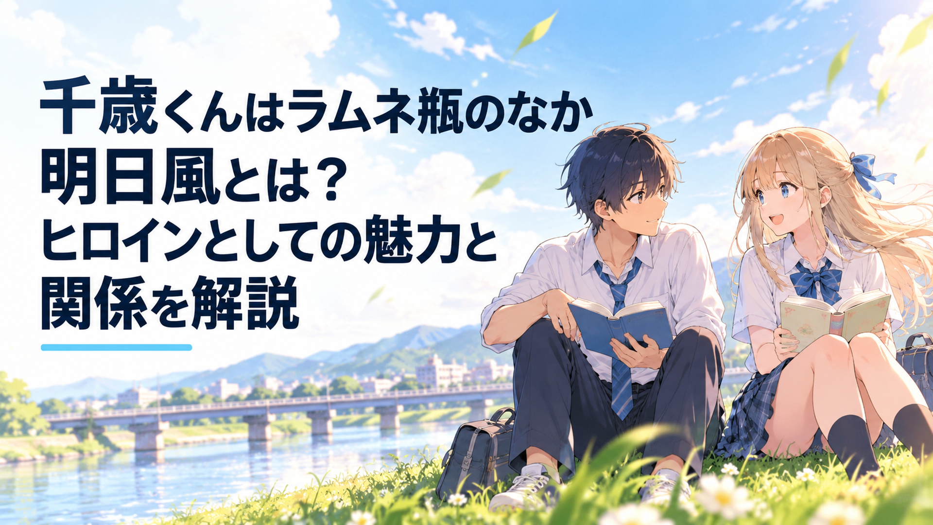 千歳朔と西野明日風が福井の河川敷で本を手に向き合う青春アニメ風シーン