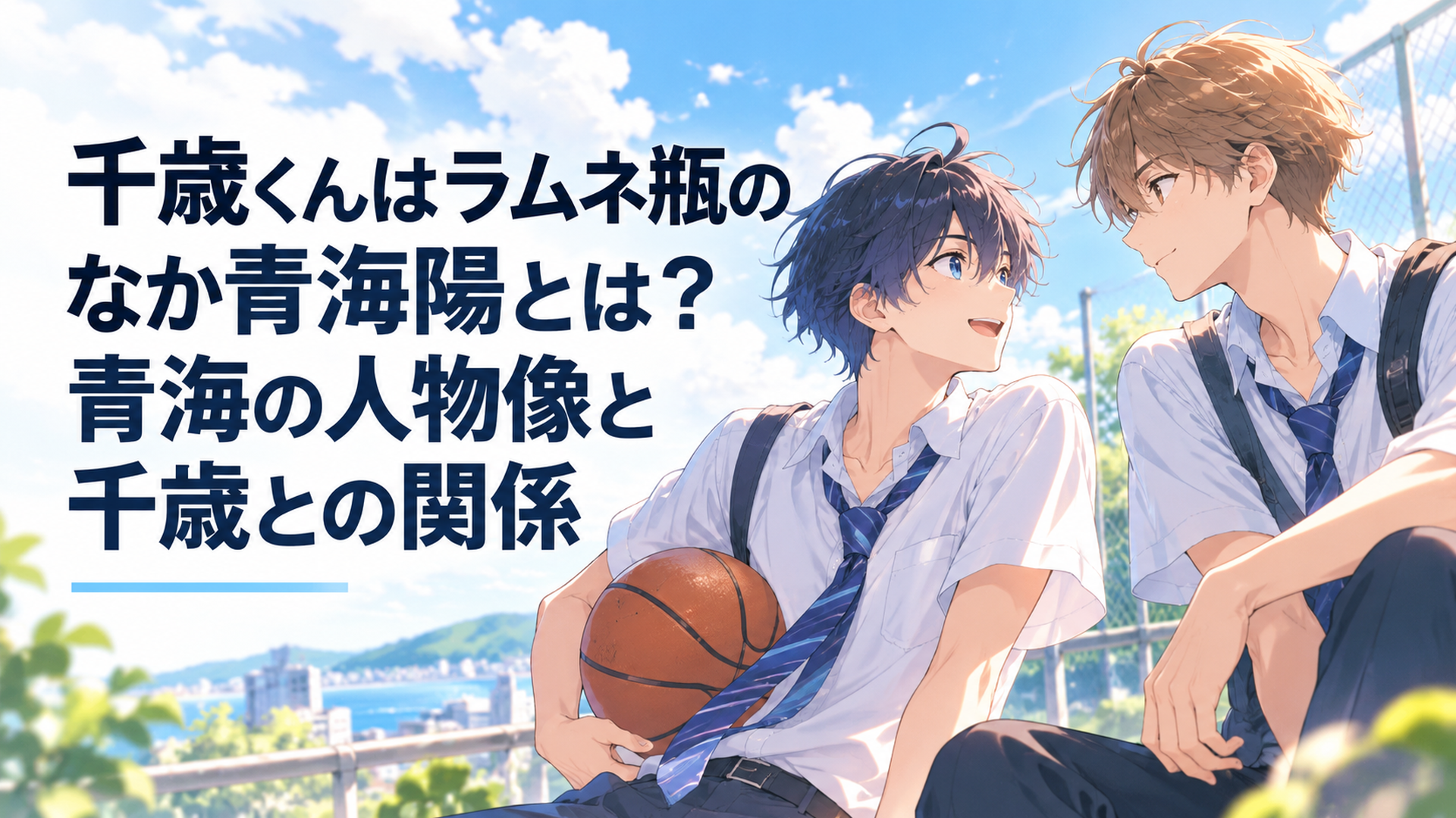 バスケットボールを抱えた青海陽と千歳朔が夏空の下で向き合う青春アニメ風シーン