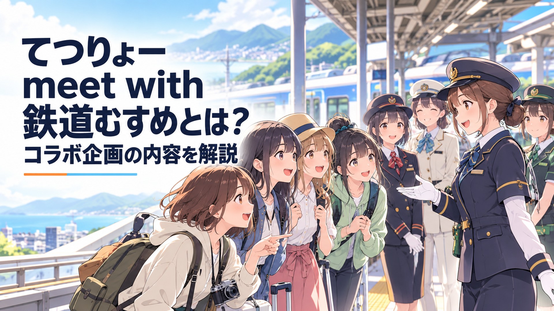 鉄道旅行を楽しむ女子大学生4人と各地で働く鉄道むすめたちが駅のホームで出会う爽やかなアニメ風シーン