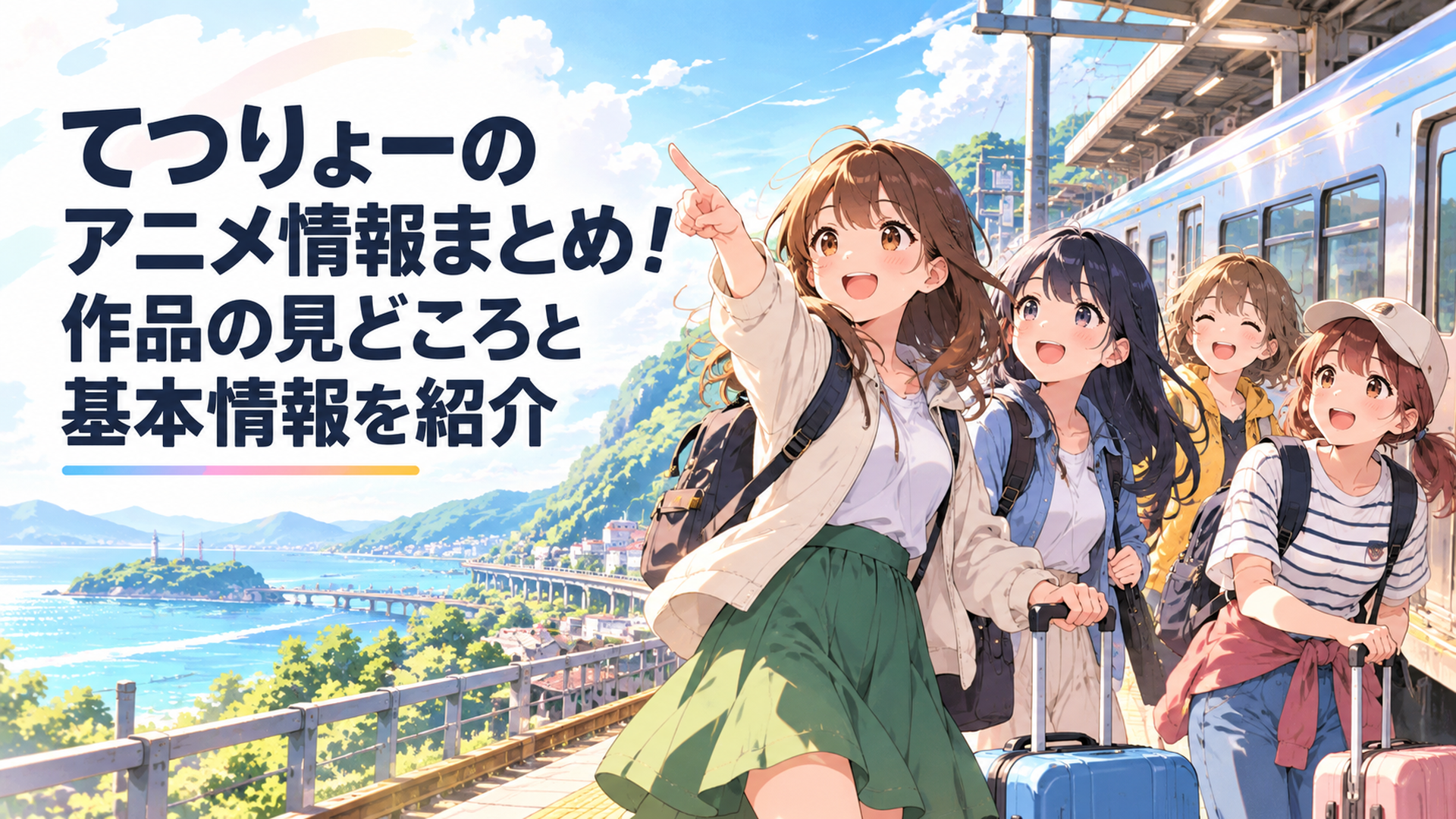 爽やかな列車と沿線風景を背景に鉄道旅行へ出発するてつりょー会の女子大学生4人