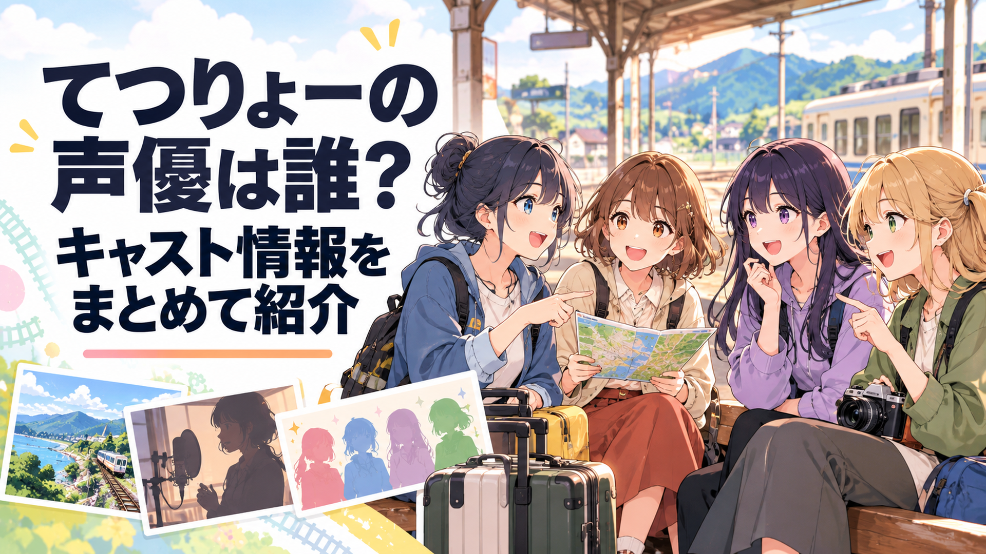 地方駅のホームに集まり鉄道旅行について楽しそうに語り合う女子大学生4人と多彩な声優キャストをイメージした明るいアニメ風シーン