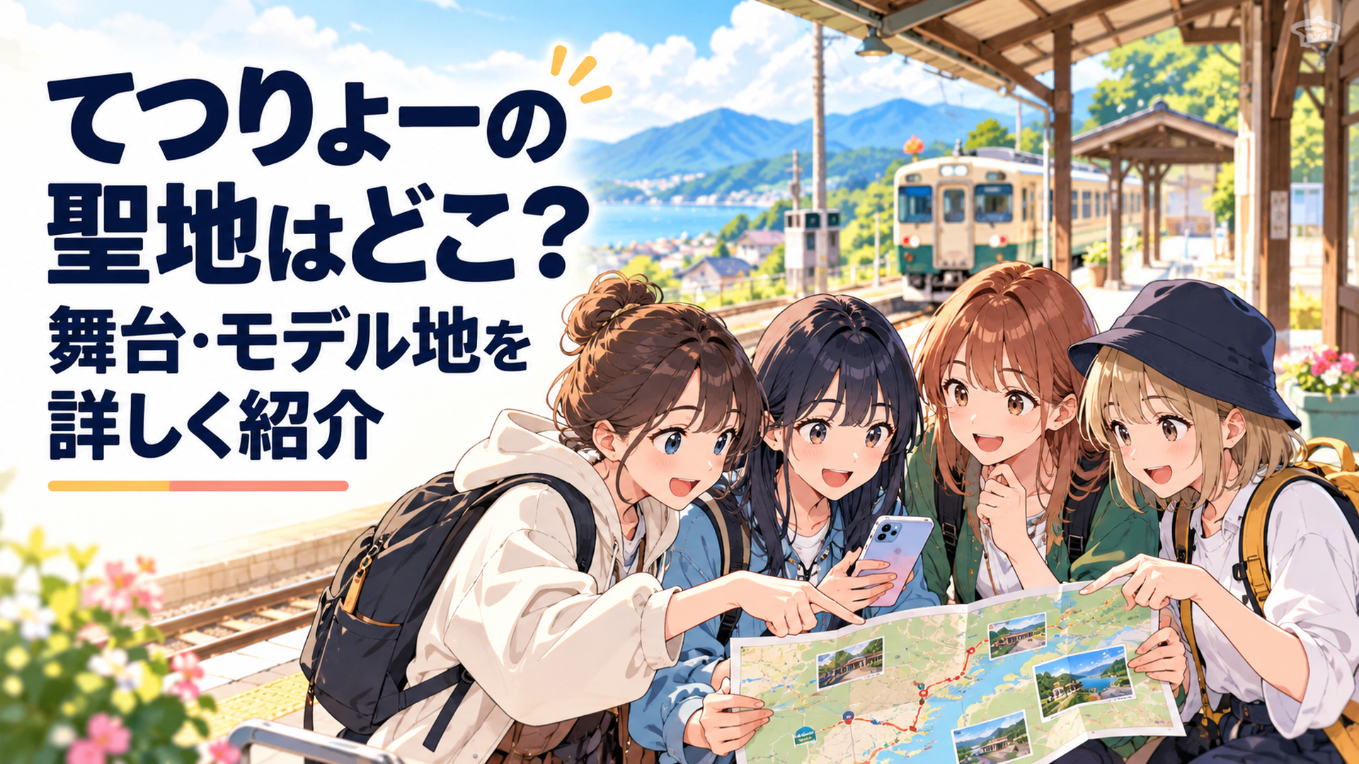 地方鉄道の駅を背景に地図とスマートフォンを広げながらてつりょーの聖地巡礼ルートを相談する女子大学生4人