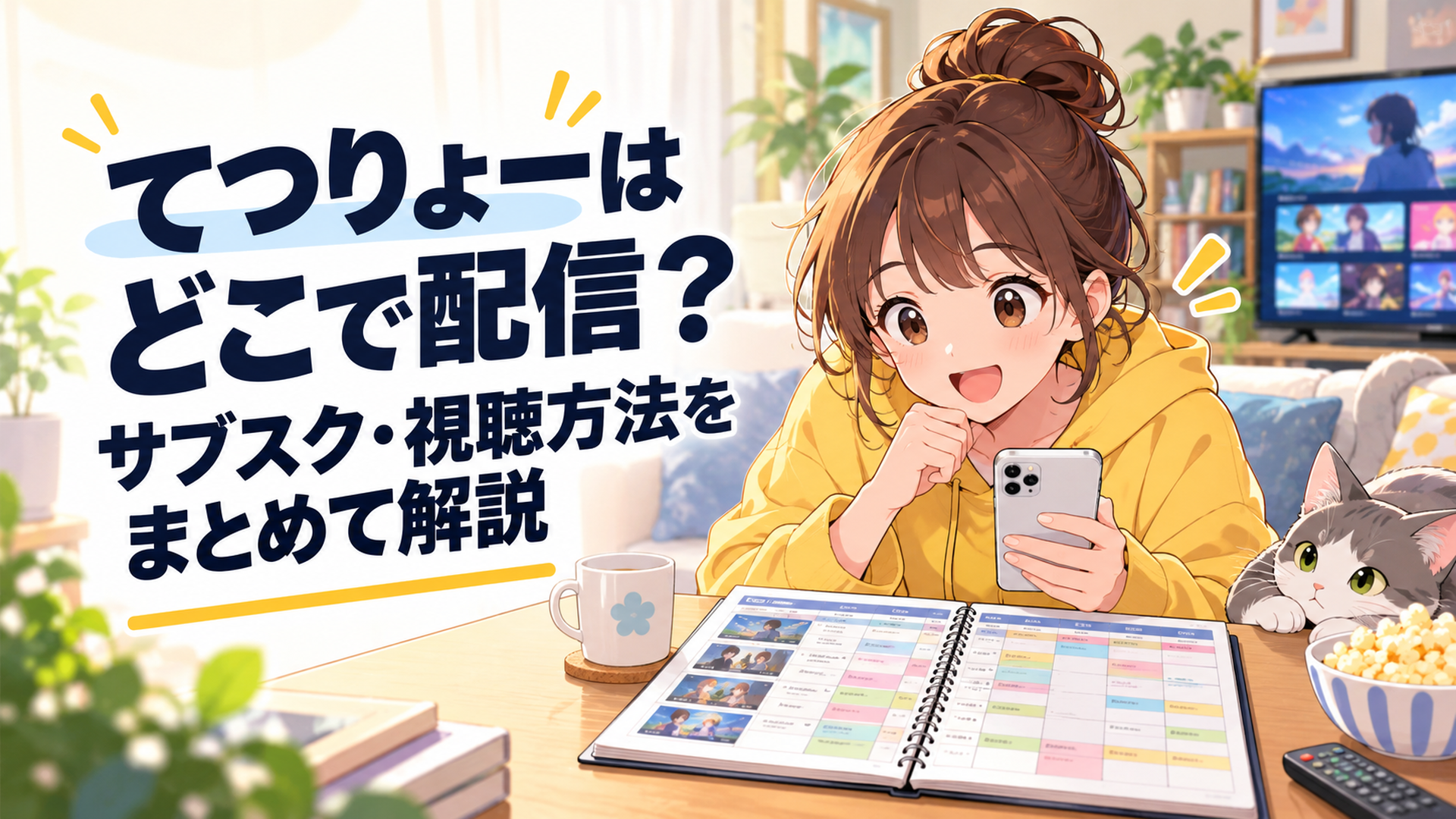 自宅でテレビ番組表とスマートフォンを見比べながらてつりょーの配信先と無料視聴方法を確認するアニメファン