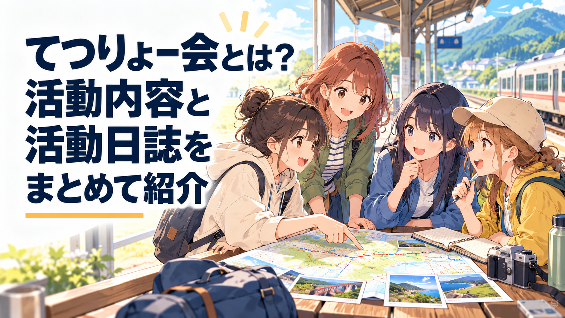 地方駅のホームで地図を囲み次の鉄道旅行について楽しそうに相談するてつりょー会の女子大学生4人
