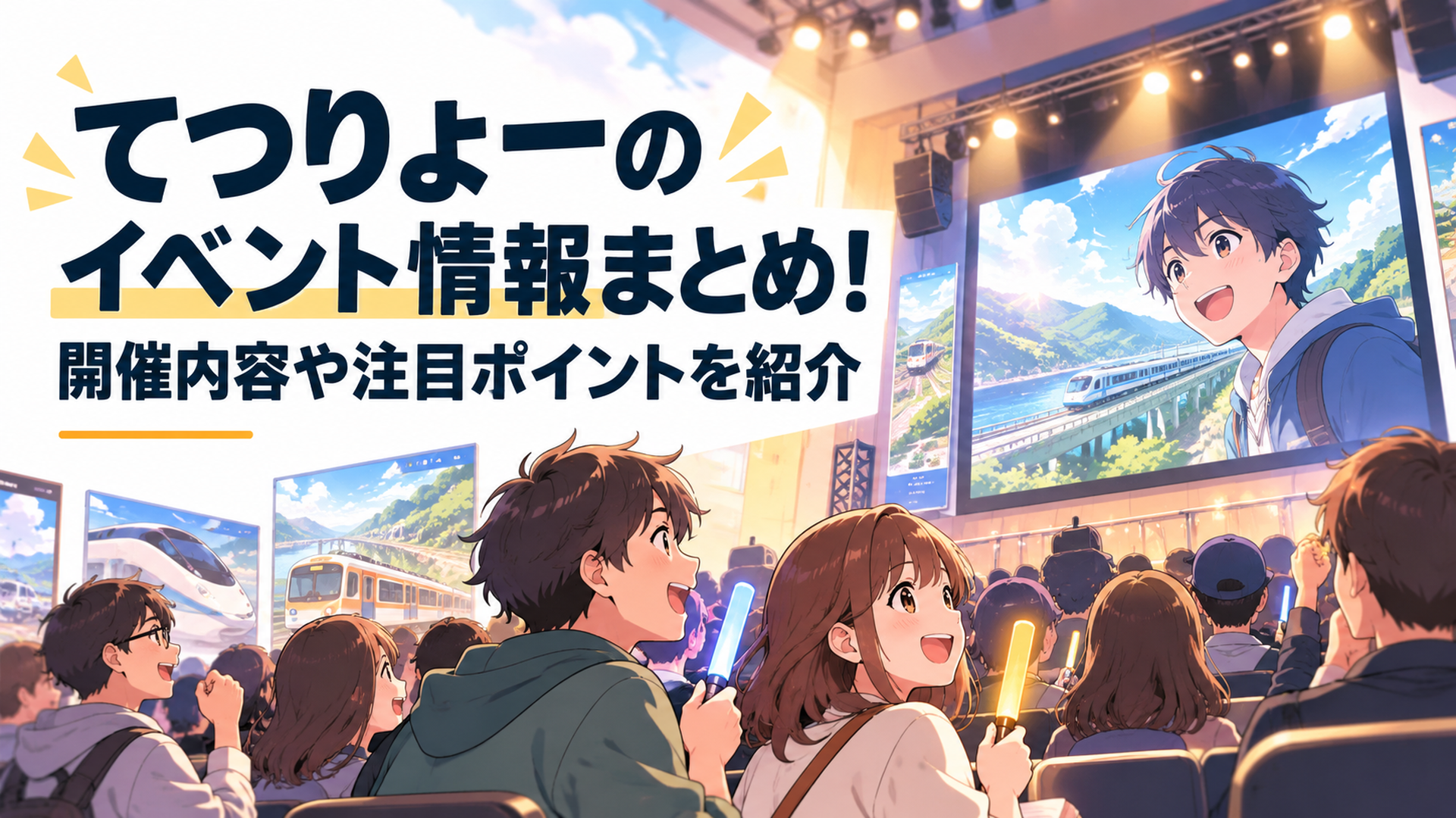 TVアニメ「てつりょー！」の放送直前イベントでアニメファンと鉄道ファンが先行上映を楽しむ明るいアニメ風シーン