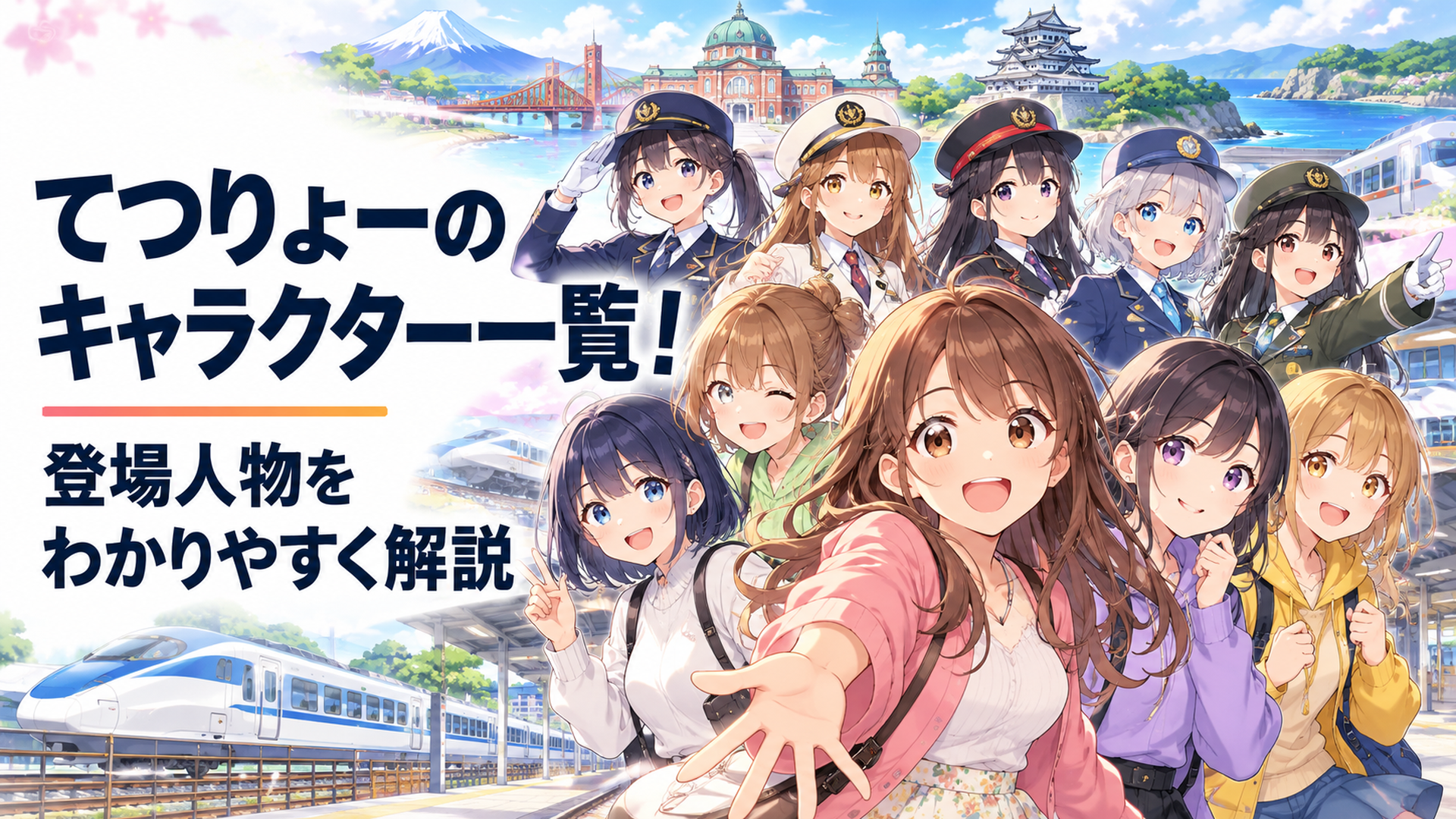 佐多みさきを中心にてつりょー会の女子大学生4人と各地の鉄道むすめが並ぶ明るいアニメ風シーン