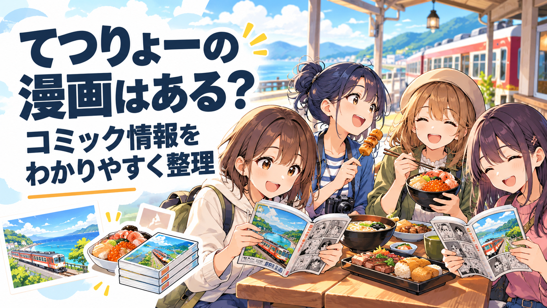てつりょー会の女子大学生4人が鉄道旅行の途中でご当地グルメと漫画を楽しむ明るいアニメ風シーン