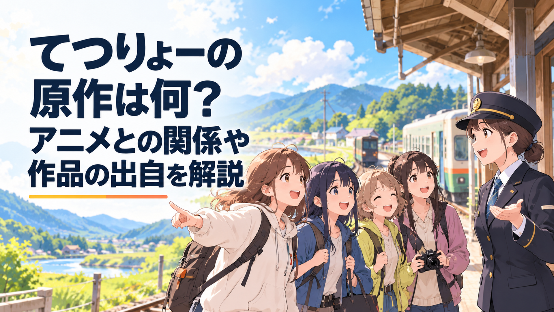 鉄道旅行を楽しむ女子大学生4人と鉄道スタッフの女性が地方駅で出会う明るいアニメ風シーン