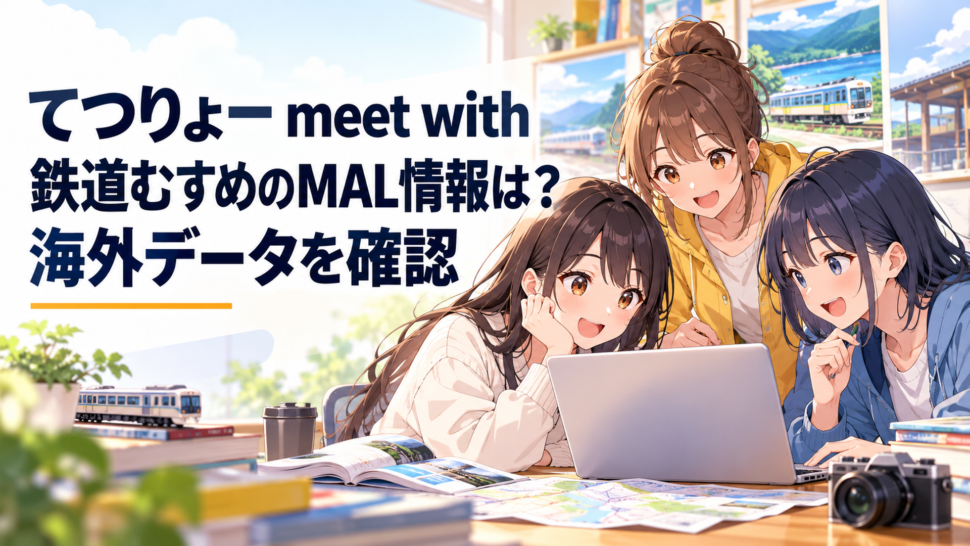 海外アニメデータサイトの作品ページを確認しながら鉄道旅行アニメについて語り合う女子大学生たち