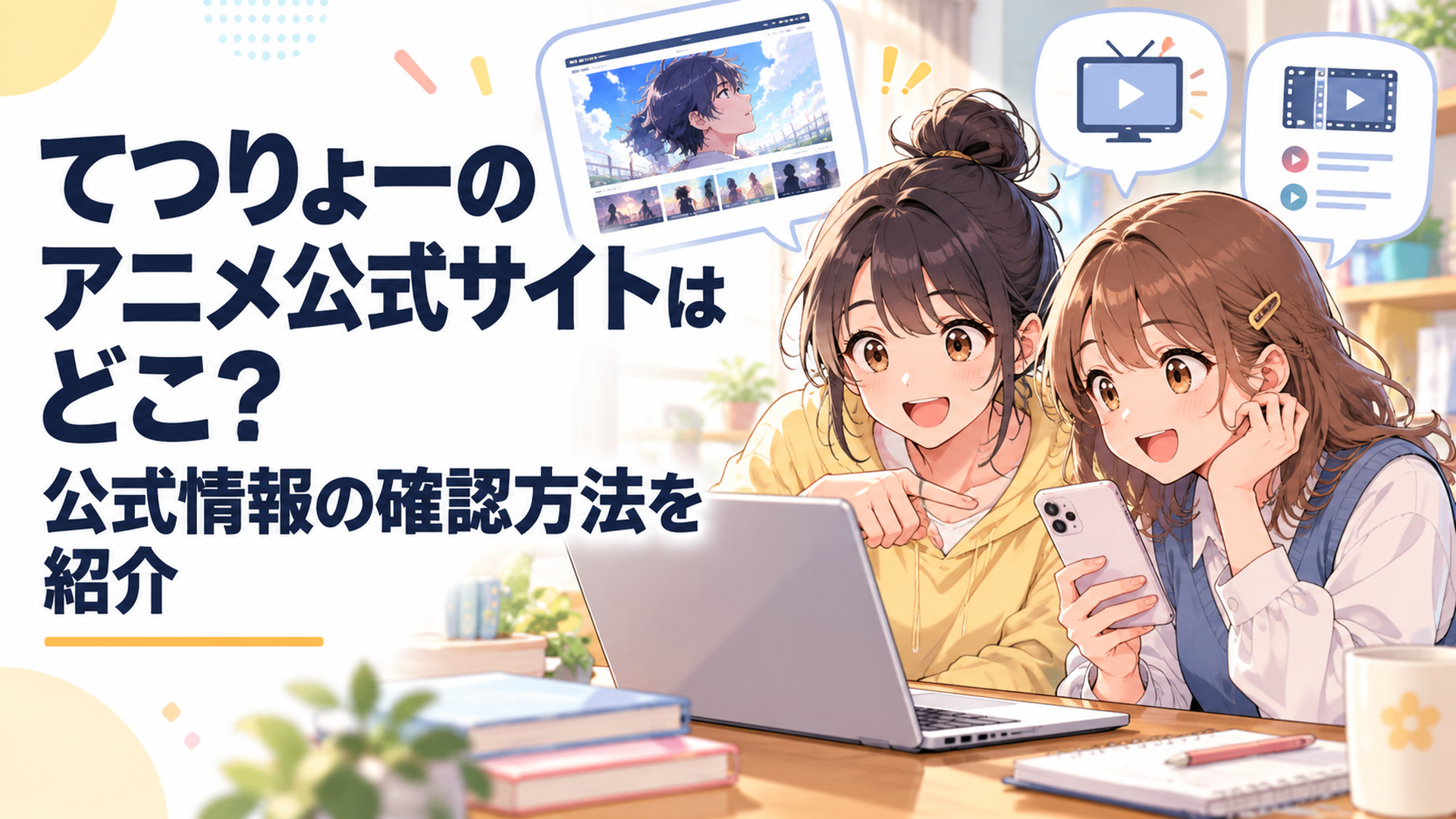 スマートフォンとノートパソコンで「てつりょー！」の公式サイトや放送・配信情報を確認する女子大学生たち