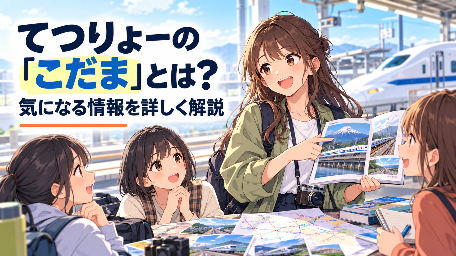 鉄道旅行同好会の女子大学生たちの中心で、後輩へ鉄道の魅力を楽しそうに説明する大学三年生の部長
