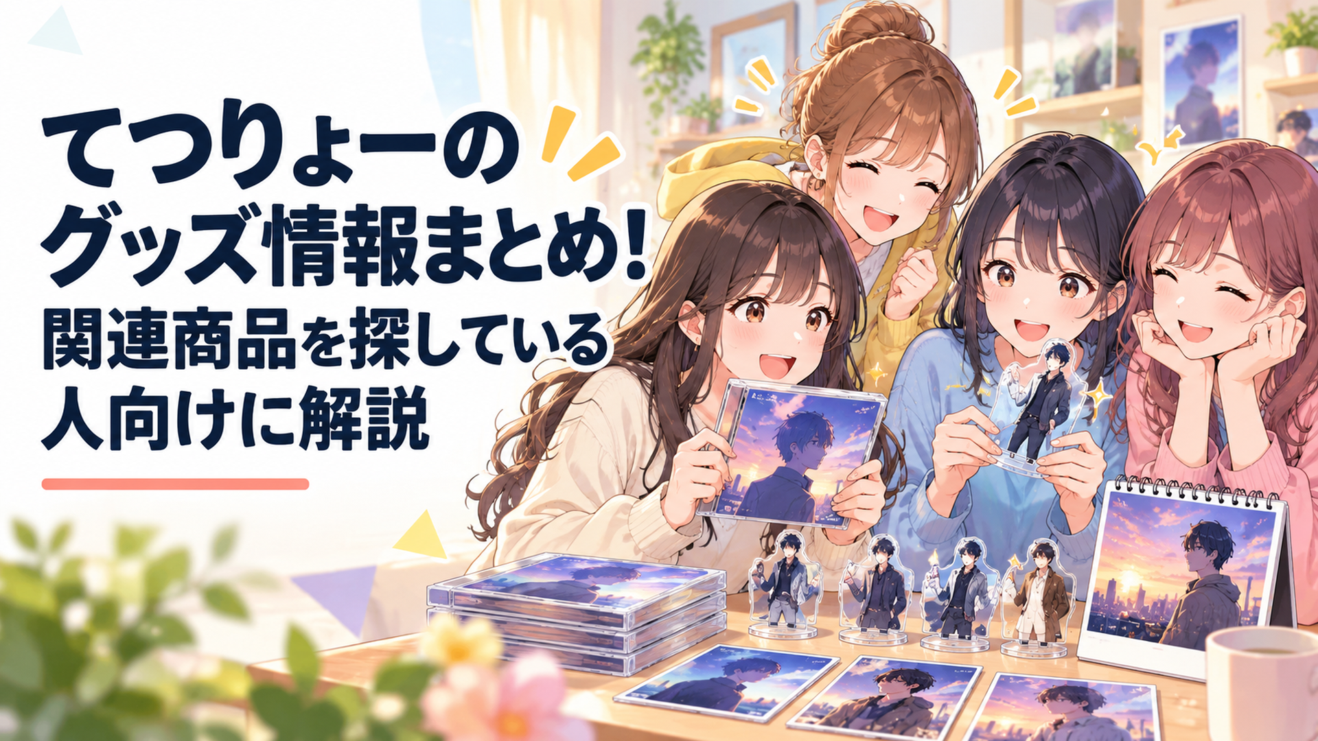 てつりょー会の女子大学生4人が主題歌CDやアクリルスタンドや卓上カレンダーを楽しそうに眺めている明るいシーン