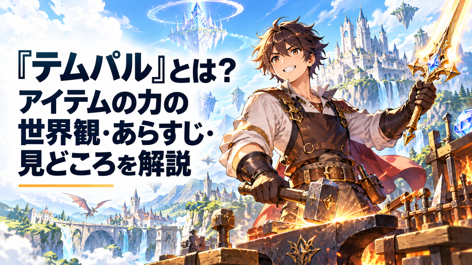 明るく壮大なファンタジーVRゲームの世界で、伝説の鍛冶職人となった若い男性が光り輝く剣と鍛冶道具を手に立ち、背後に巨大な城と幻想的な冒険世界が広がる迫力ある現代アニメ風イラスト