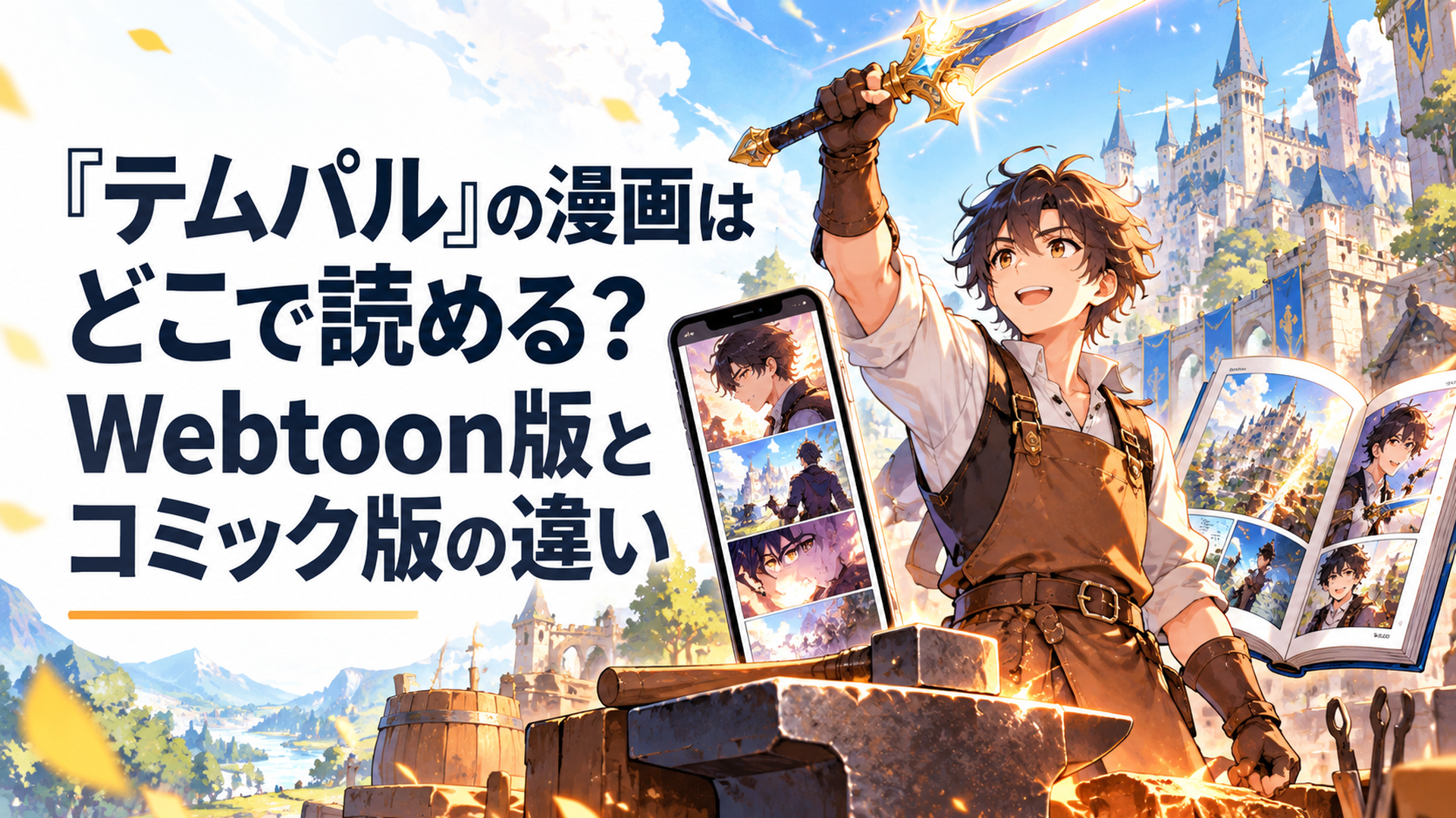 明るいファンタジー世界で伝説の鍛冶職人となった青年が輝く剣を掲げ、背景にスマートフォンで読む縦スクロール漫画と本型のフルカラーコミックを象徴的に配置した現代アニメ風イラスト
