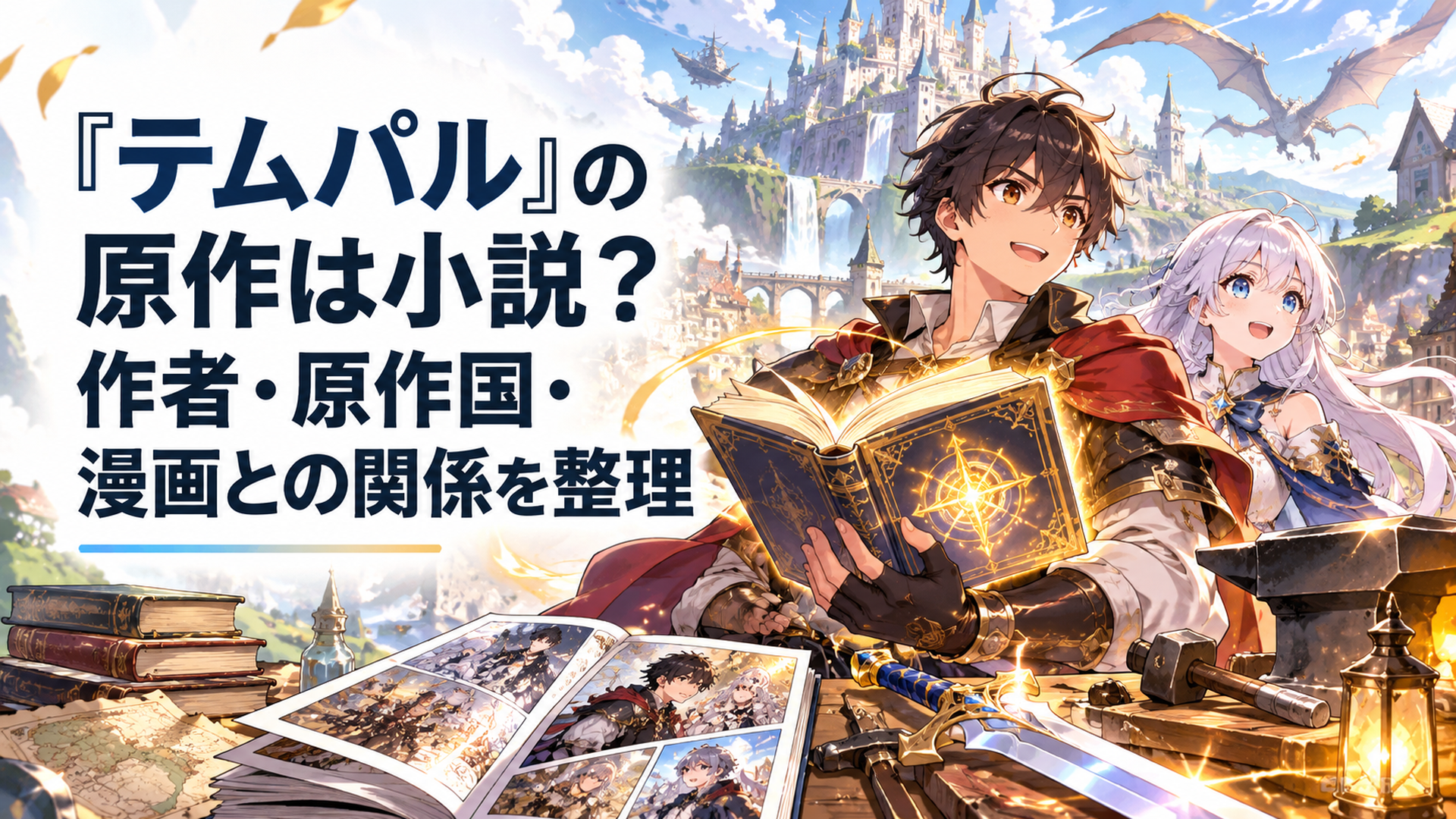 明るいファンタジー世界を背景に古代の魔法書とフルカラー漫画、輝く剣や鍛冶道具を配置し、韓国発Web小説から漫画やアニメへ広がる壮大な冒険ファンタジーの世界観を表現した高品質アニメ風イラスト