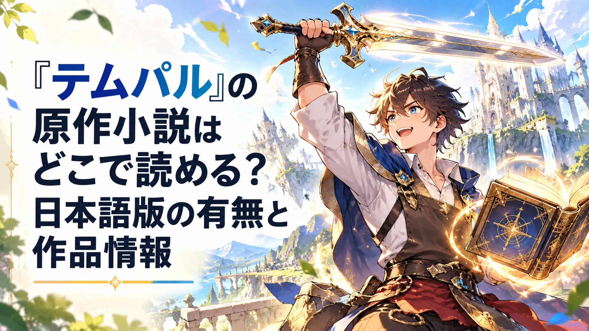 明るいファンタジー世界で伝説の鍛冶職人として剣を掲げる青年と、魔法のように輝く古代の書物を描いた迫力あるアニメ風イラスト