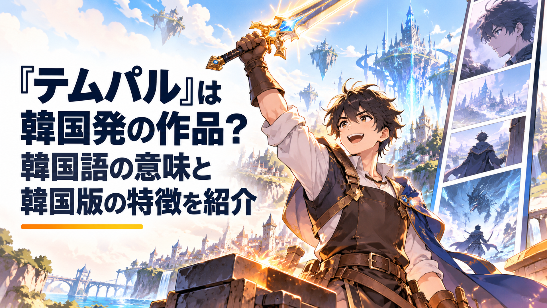 明るいファンタジー世界で伝説の鍛冶職人となった青年が輝く剣を掲げ、背景に韓国発ウェブトゥーンを象徴する縦長の漫画画面と壮大なVRゲーム世界が広がる高品質アニメ風イラスト