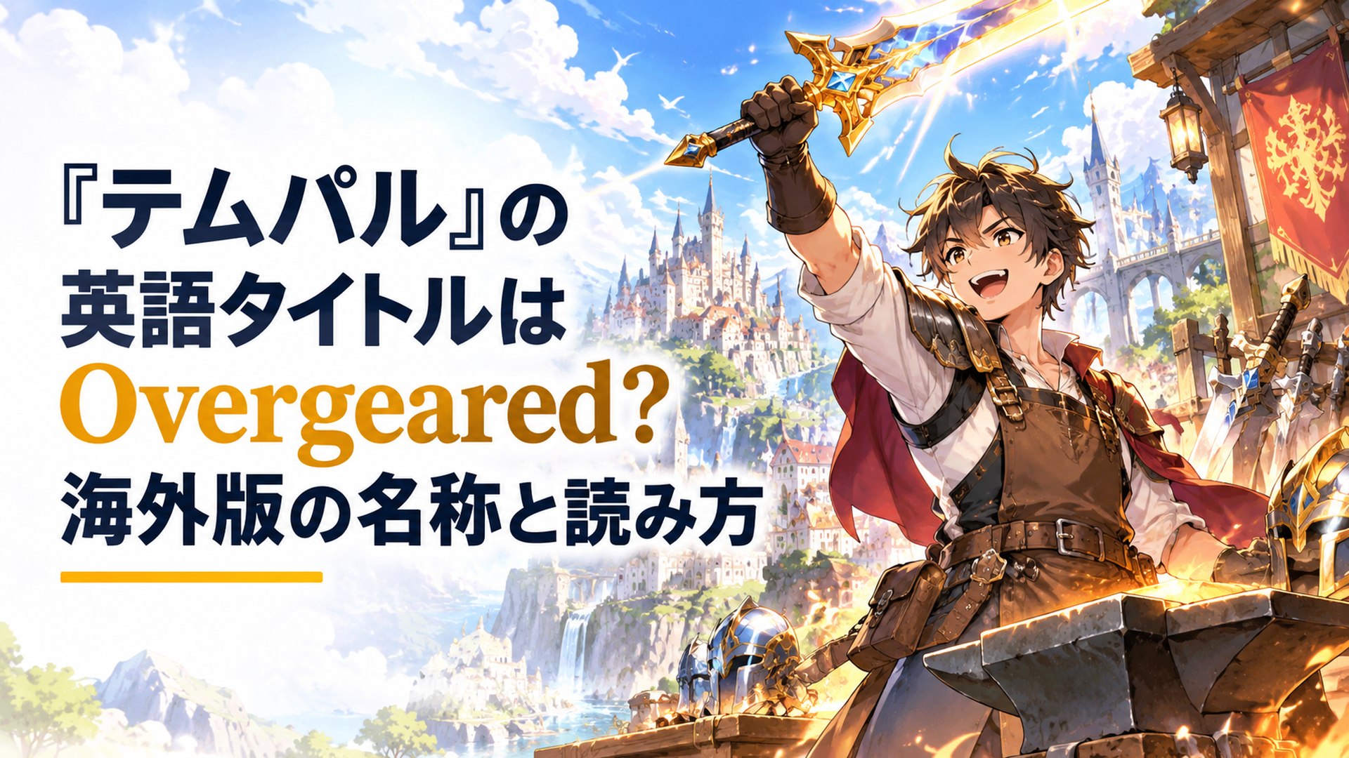 明るいファンタジー世界で伝説の鍛冶職人となった青年が輝く剣を掲げ、強力な装備と冒険の世界を表現した壮大な高品質アニメ風イラスト