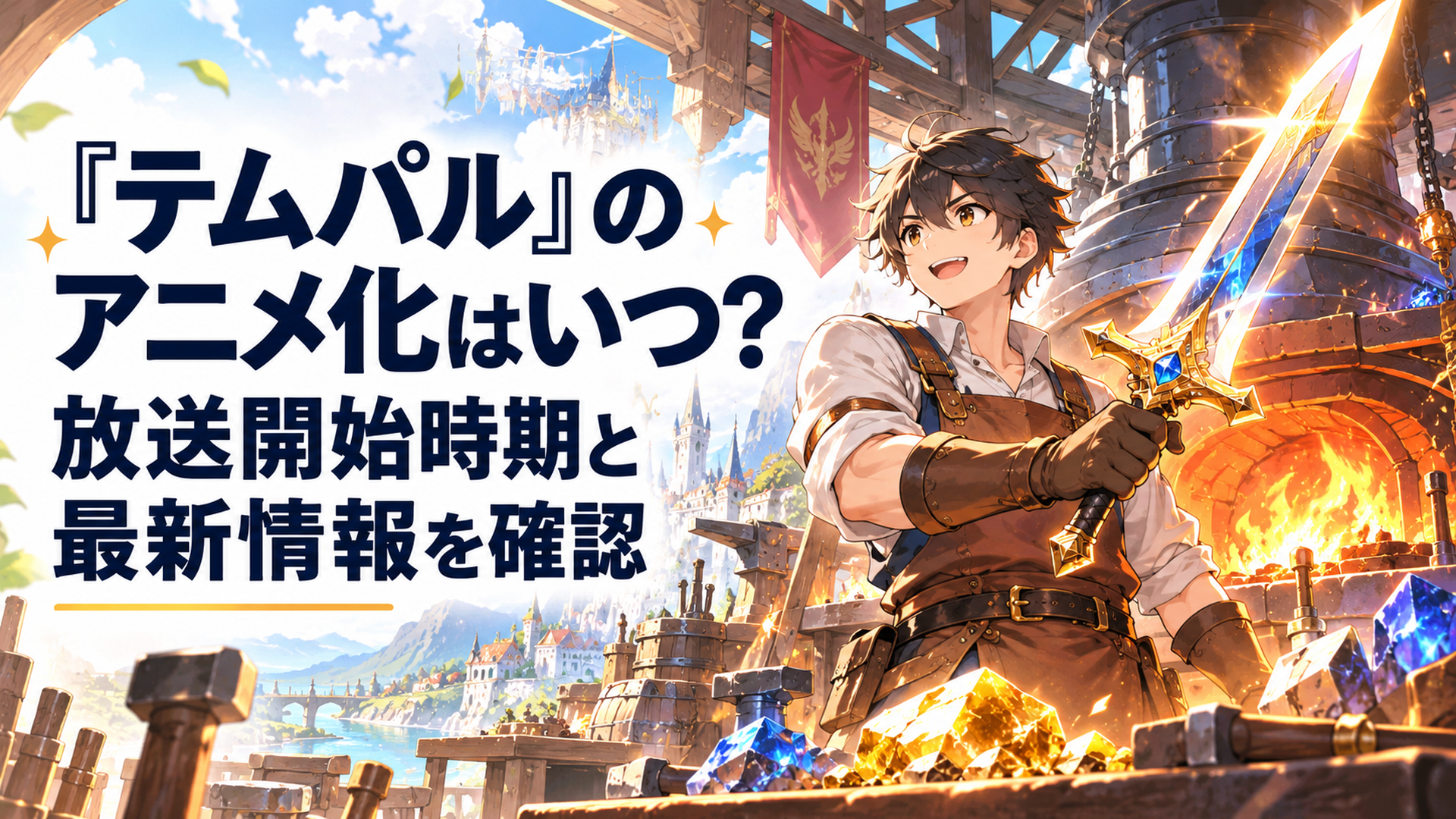 明るいファンタジー世界の鍛冶工房で伝説の鍛冶職人へ転職した青年が輝く剣を手にし、神秘的な金属素材と巨大な炉に囲まれながら新たな冒険へ踏み出す高品質アニメ風イラスト