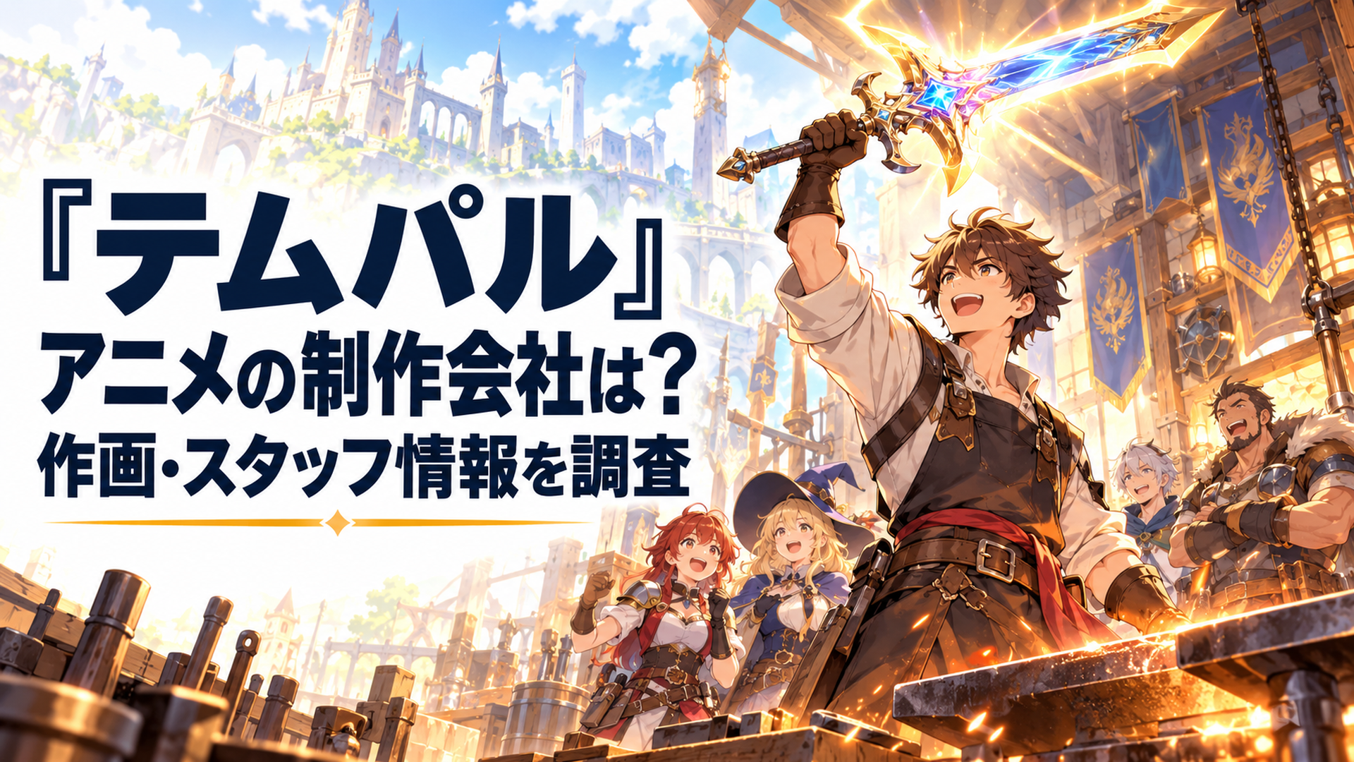 明るいファンタジー世界の壮大な鍛冶工房で若い男性鍛冶職人が魔法の光を放つ伝説の剣を掲げ、背景に冒険者たちが集まる迫力ある高品質アニメ風イラスト