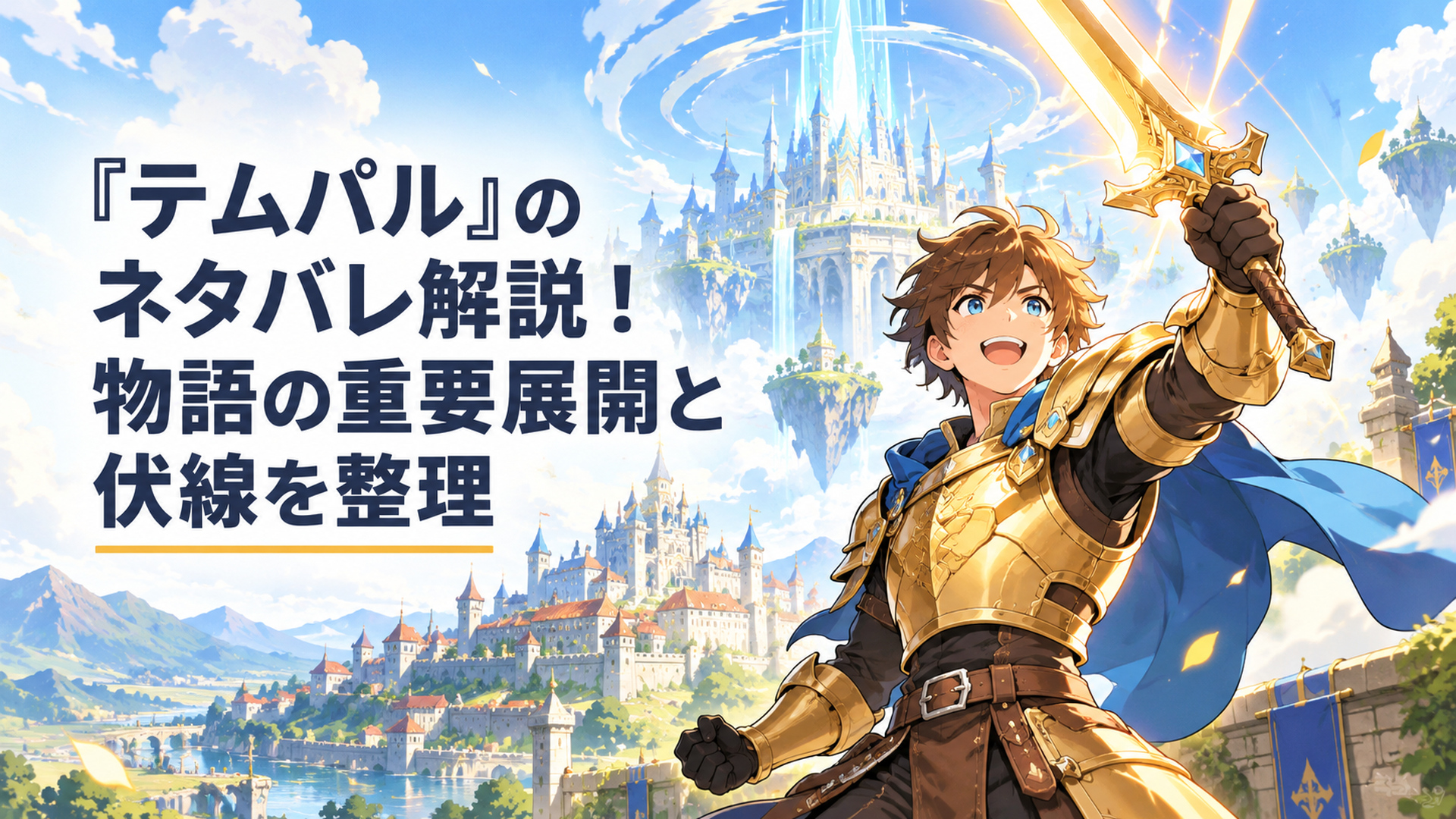 明るく壮大なファンタジー世界で金色の鎧をまとった若い男性鍛冶職人が伝説の剣を掲げ、背後に王国と神秘的な天空の神殿が広がる高品質アニメ風イラスト