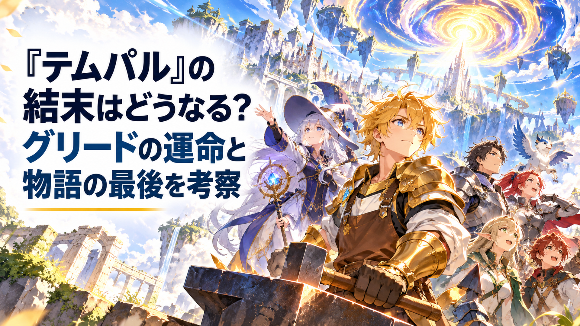明るく壮大なファンタジー世界で金色の鎧をまとった若い鍛冶職人の英雄を中心に銀髪の大魔法使いや騎士や仲間たちが協力し天空に広がる神秘的な光の渦へ立ち向かう高品質アニメ風イラスト