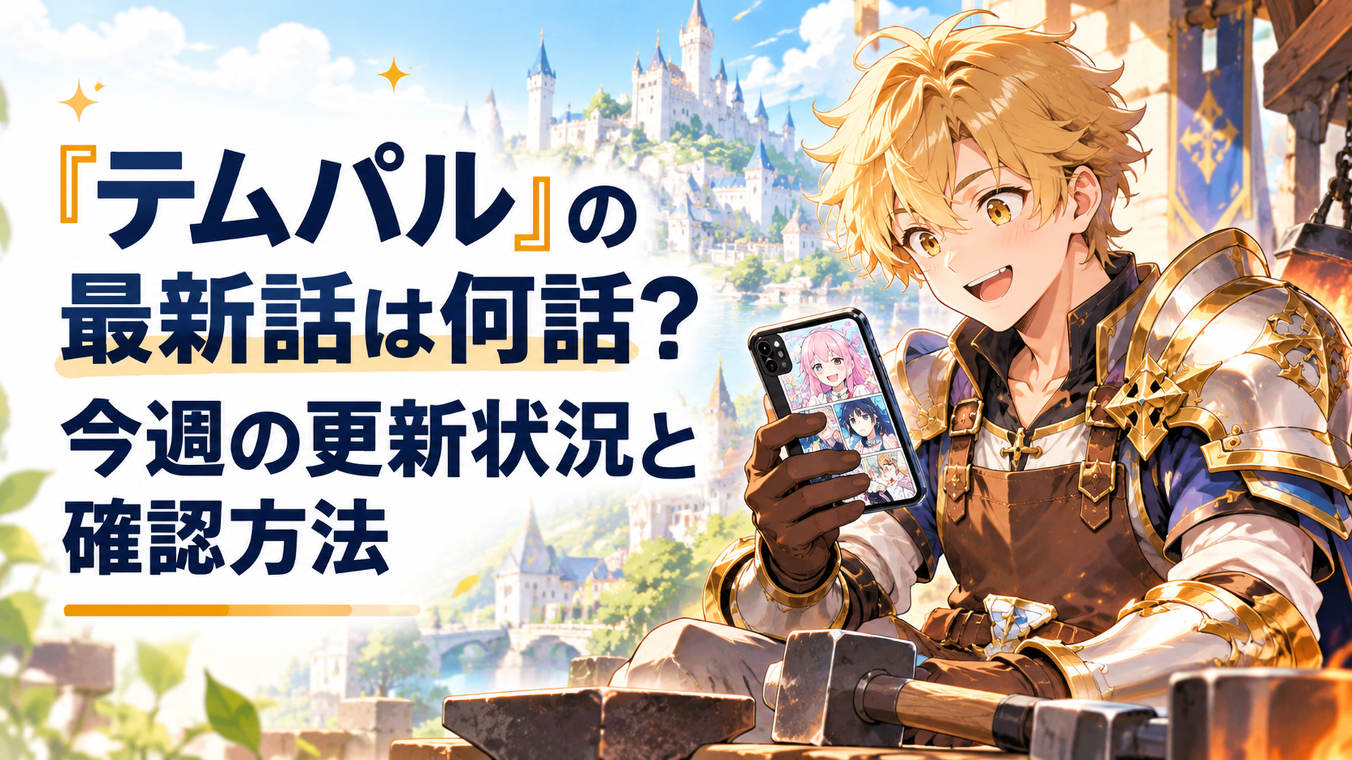 明るいファンタジー世界で金色の鎧をまとった若き鍛冶職人の英雄がスマートフォンのフルカラー漫画を確認している高品質アニメ風イラスト