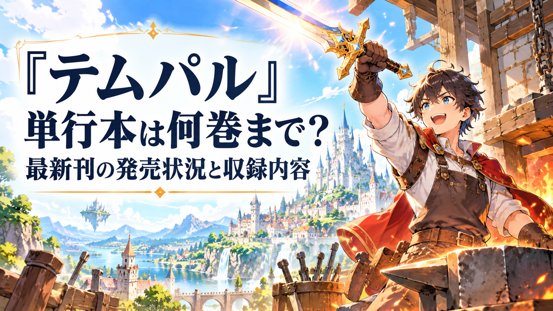 明るいファンタジー世界の鍛冶工房で伝説の鍛冶職人となった若い英雄が輝く剣を掲げ、背景に壮大なゲーム世界が広がる高品質アニメ風イラスト