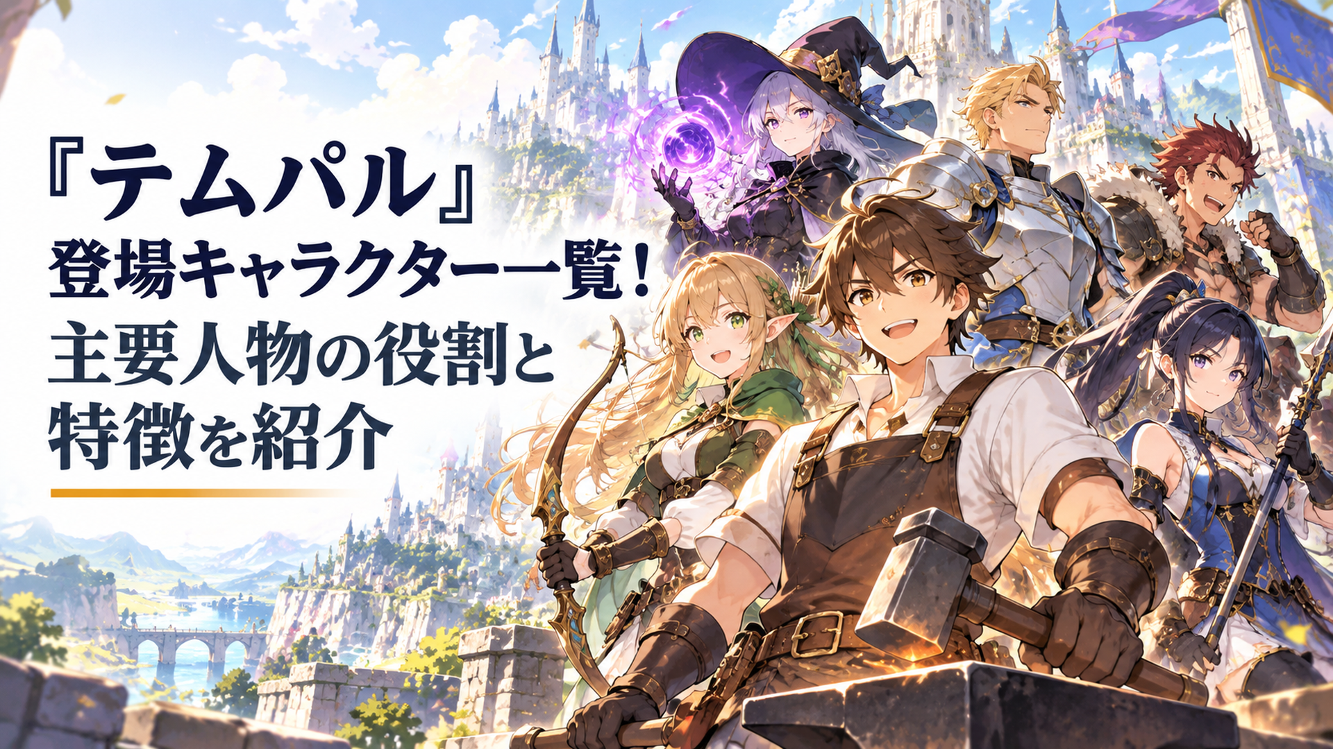 明るく壮大なファンタジー世界で伝説の鍛冶職人となった若い男性主人公を中心に弓を持つ女性ギルドリーダーや黒魔術師、騎士、槍使い、格闘家など個性豊かな冒険者たちが集結する高品質アニメ風イラスト