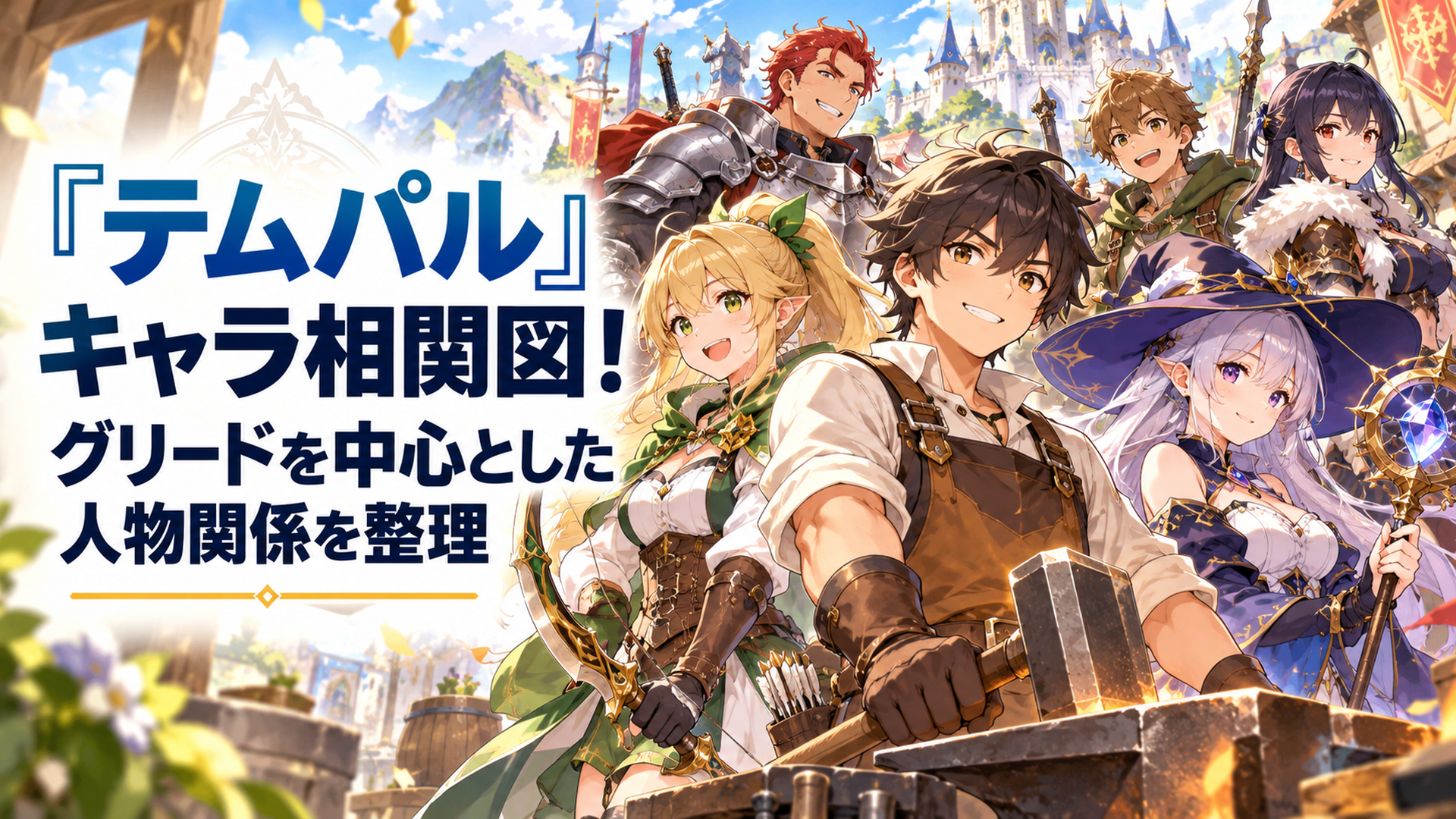 明るいファンタジー世界で伝説の鍛冶職人となった青年グリードを中央に弓を持つ女性ギルドマスターと神秘的な女性魔術師、鎧をまとった騎士や冒険者たちが集まる華やかな高品質アニメ風集合イラスト