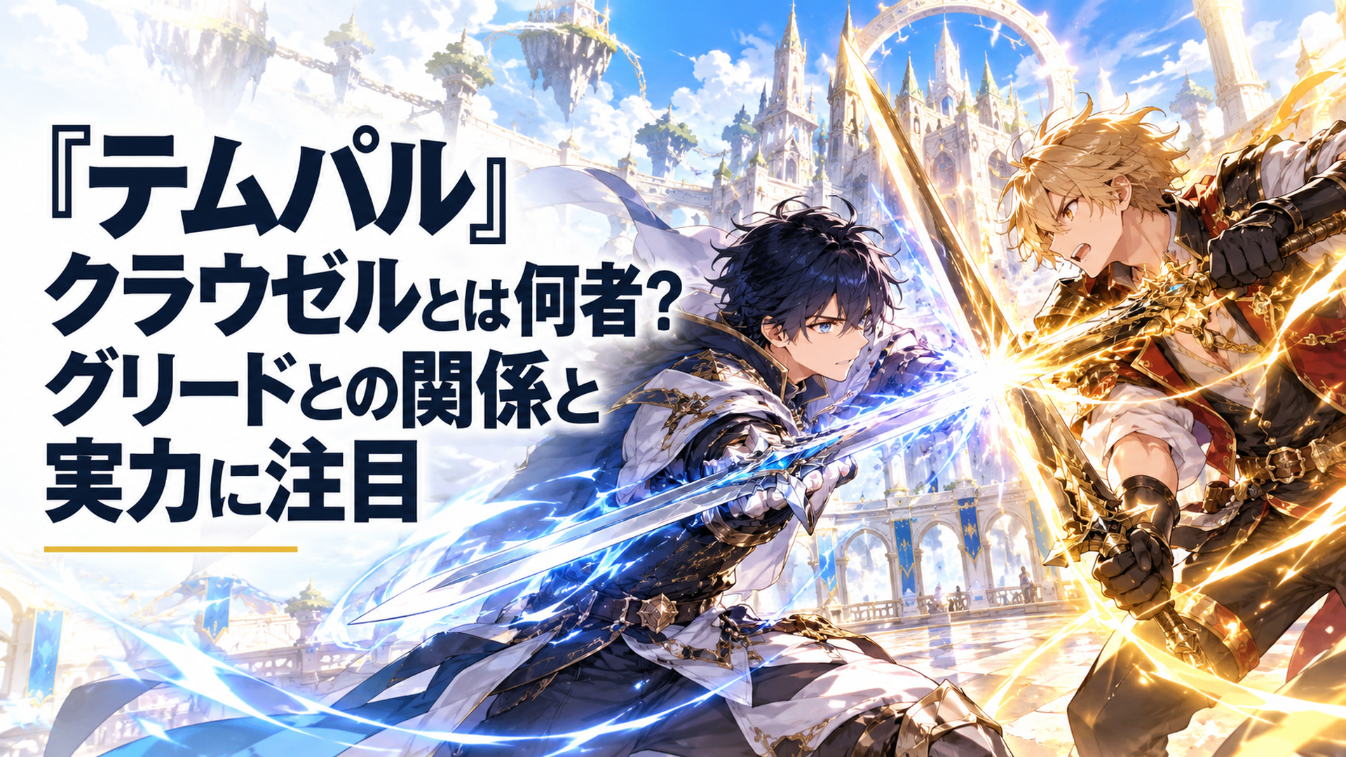 明るい幻想的なVRファンタジー世界の天空の闘技場で銀色の長剣を構える黒髪の天才剣士と伝説の鍛冶職人の青年が激突し、青白い剣気と黄金の魔力が交差する壮大な高品質アニメ風イラスト