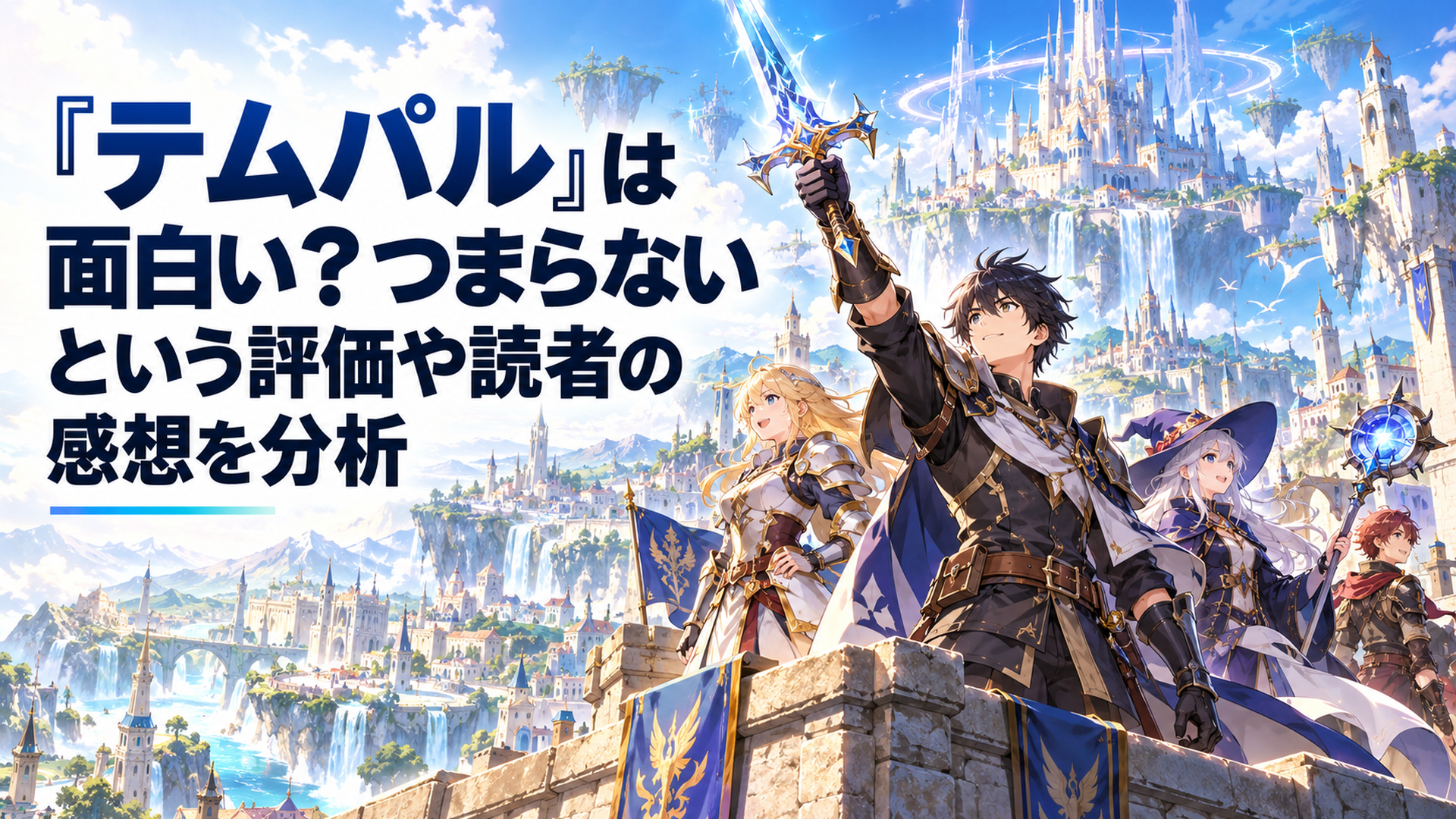 明るい幻想的な巨大VRゲーム世界で黒髪の青年鍛冶戦士が青白く輝く伝説の剣を掲げ、仲間の騎士や魔術師たちとともに壮大な城塞都市を見渡す高品質アニメ風イラスト