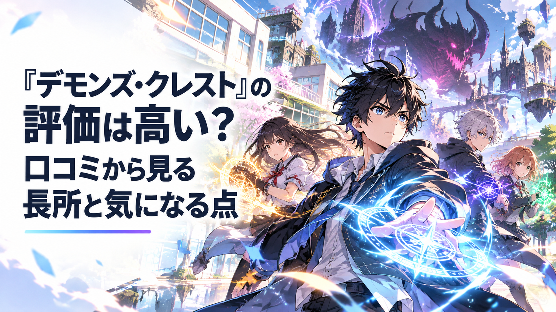 明るい近未来の複合現実世界で黒髪の少年と仲間たちが青白く輝く魔法を構え、現実の学校施設に幻想的なゲーム世界が重なり合う光景。背後には不気味な怪物のシルエットが浮かび、少年たちの表情には緊張と決意が宿る。鮮やかな光と美しい背景が印象的な高品質現代アニメ風イラスト
